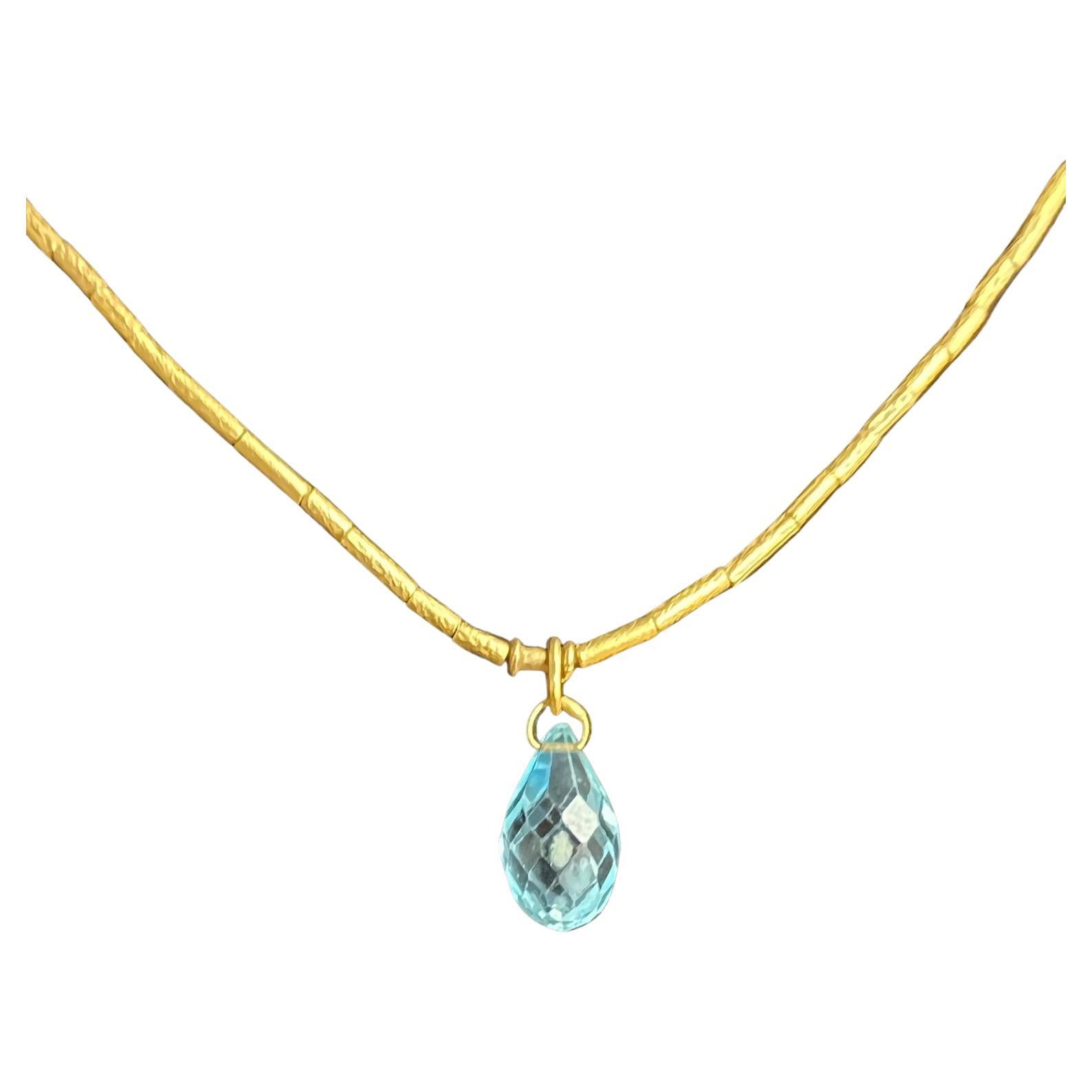 Bright Blue Topaz Gurhan Pendant Necklace On 24k Gold Chain