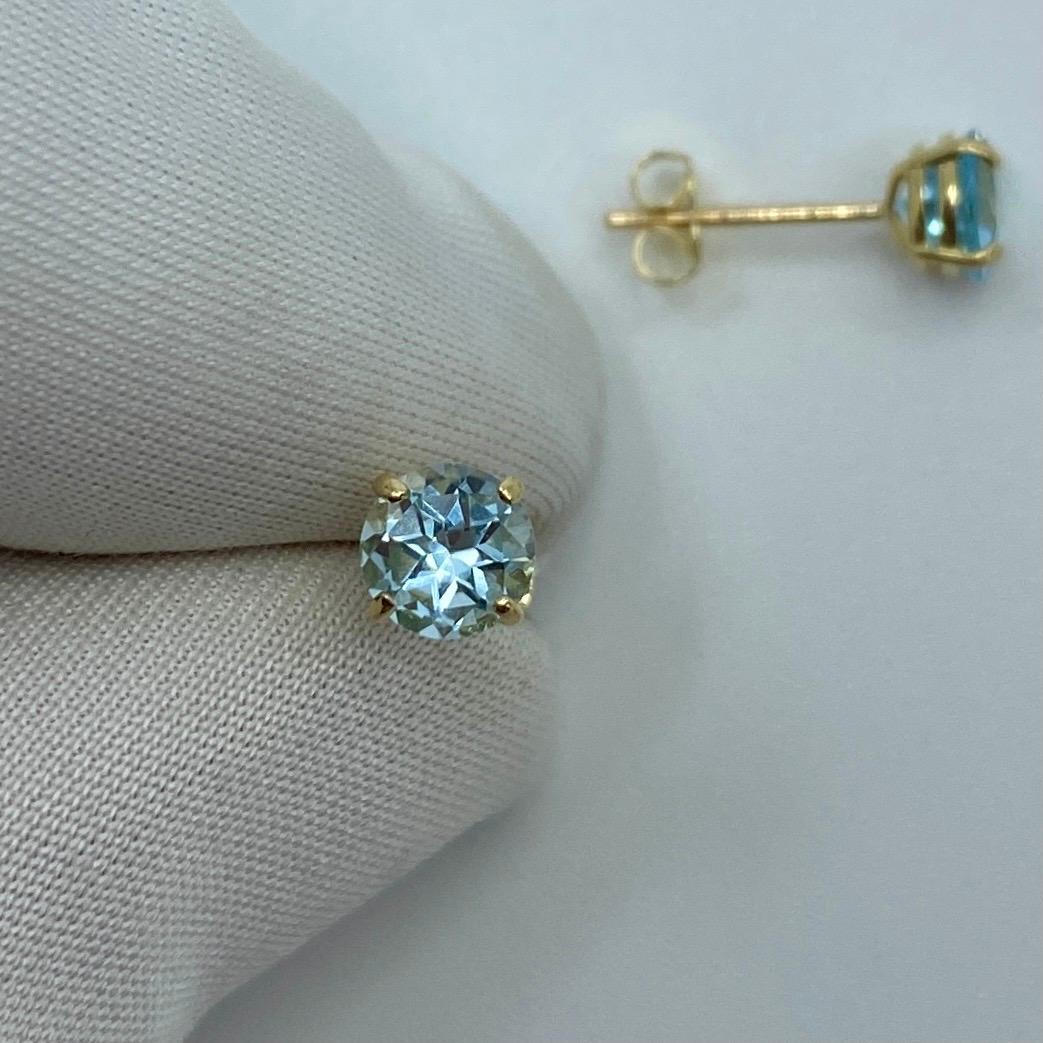 Round Cut Natural Bright Blue Topaz Round Diamond Cut 1.15ct Yellow Gold 9k Earring Studs For Sale