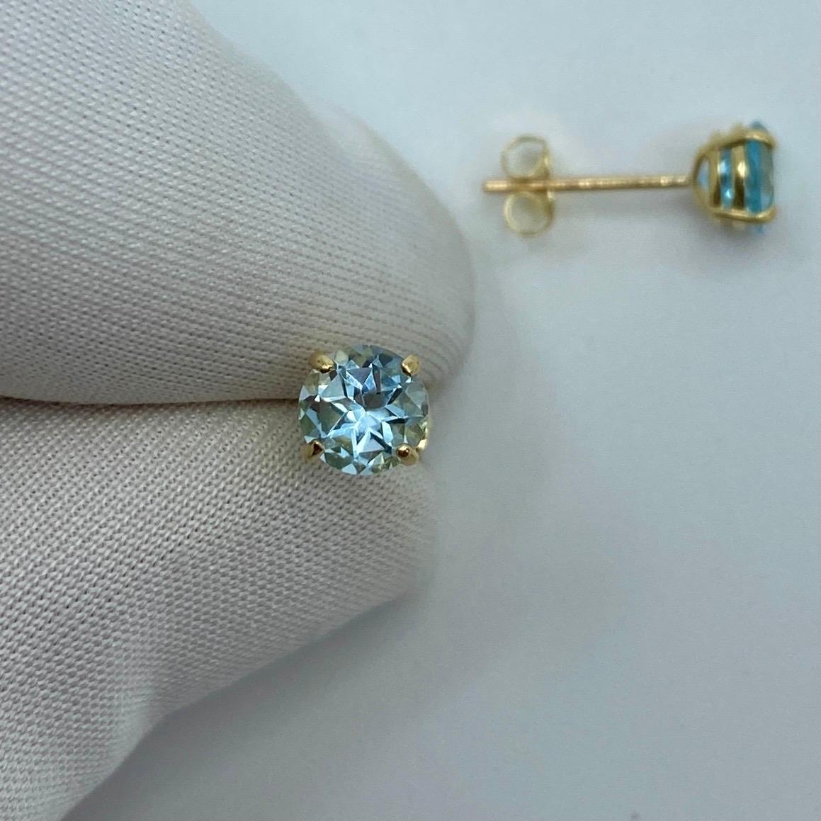 Women's or Men's Natural Bright Blue Topaz Round Diamond Cut 1.15ct Yellow Gold 9k Earring Studs For Sale