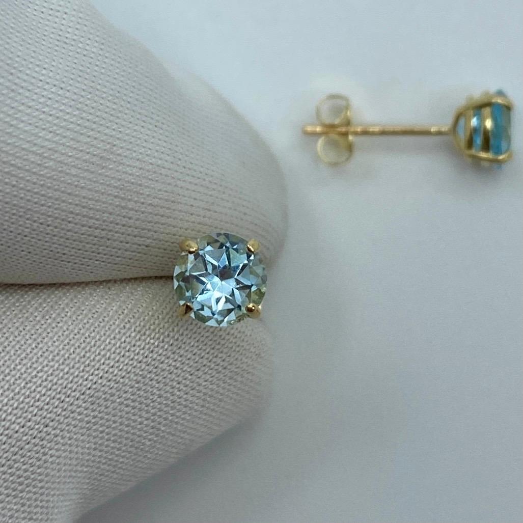 Natural Bright Blue Topaz Round Diamond Cut 1.15ct Yellow Gold 9k Earring Studs For Sale 1