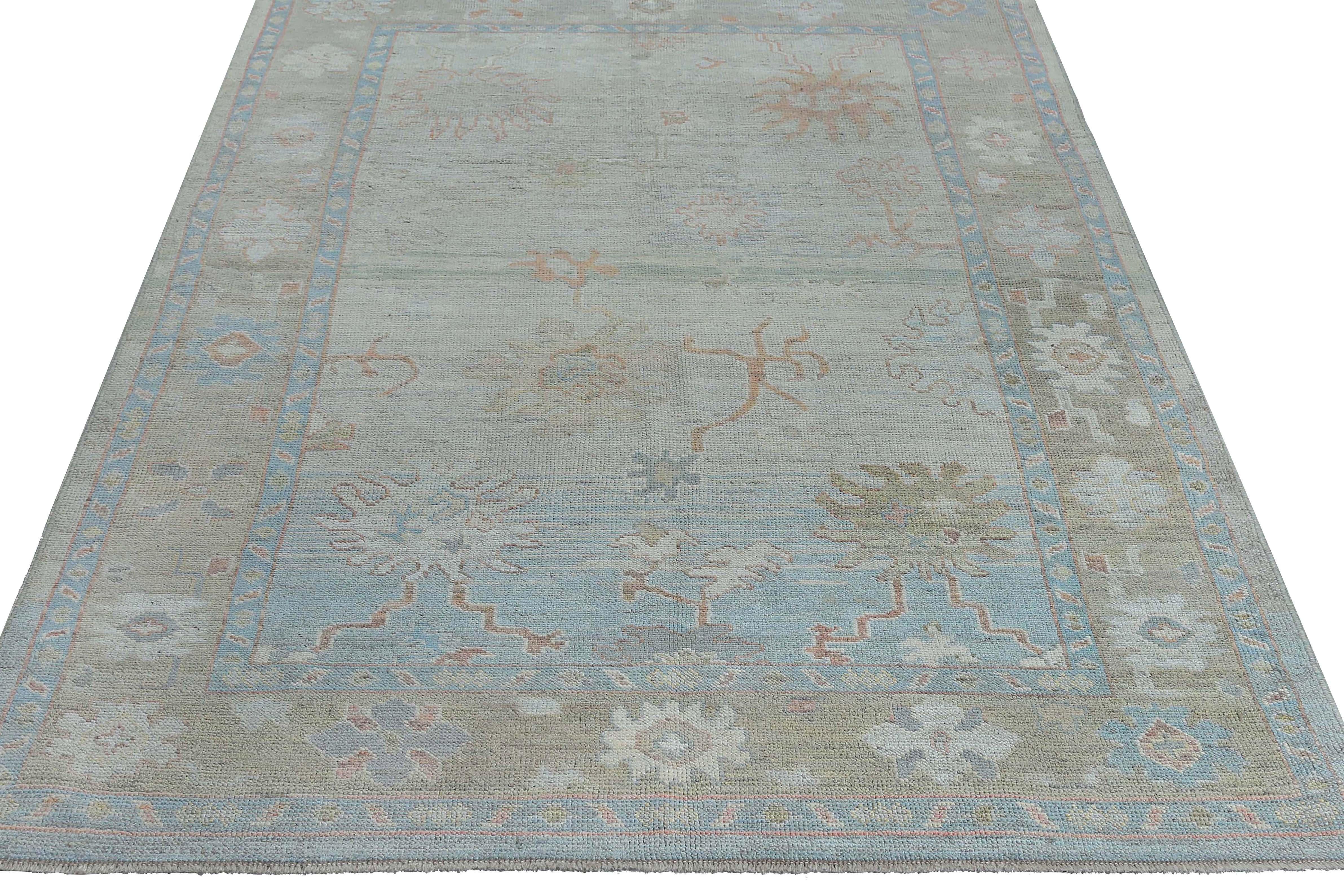 Bright Blue Turkish Oushak Rug For Sale 5