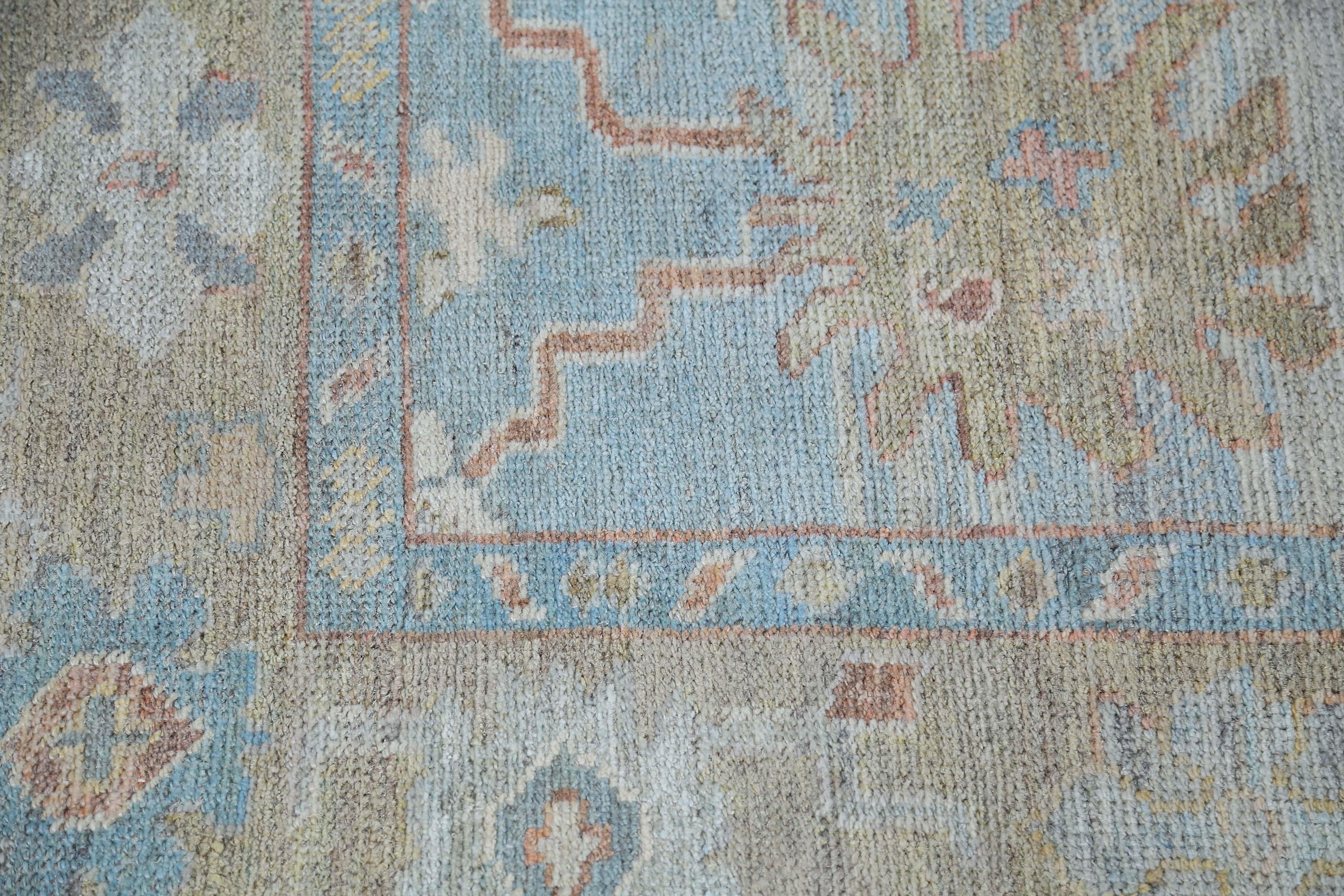 Bright Blue Turkish Oushak Rug For Sale 7