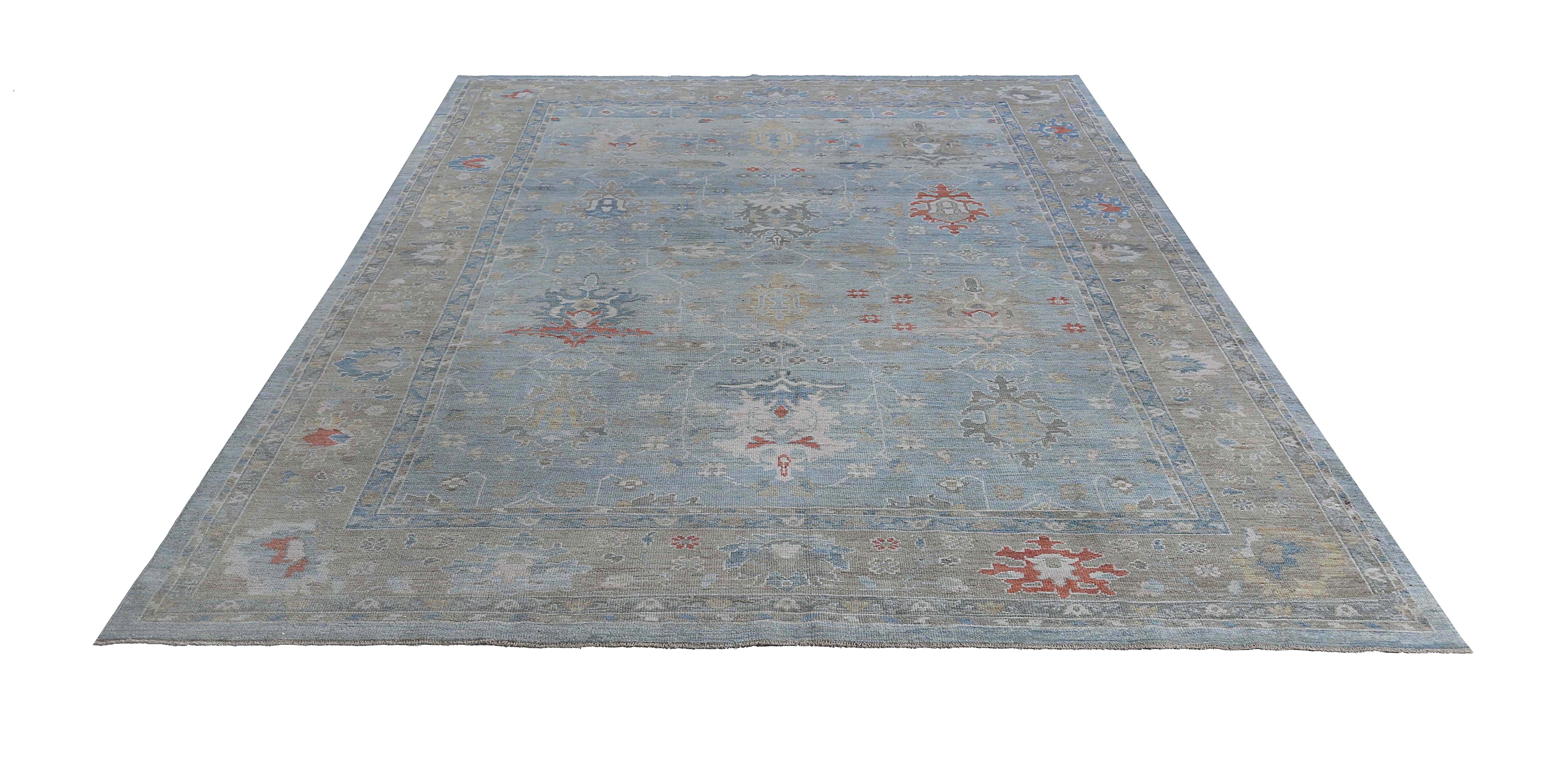 Hand-Woven Bright Blue Turkish Oushak Rug For Sale
