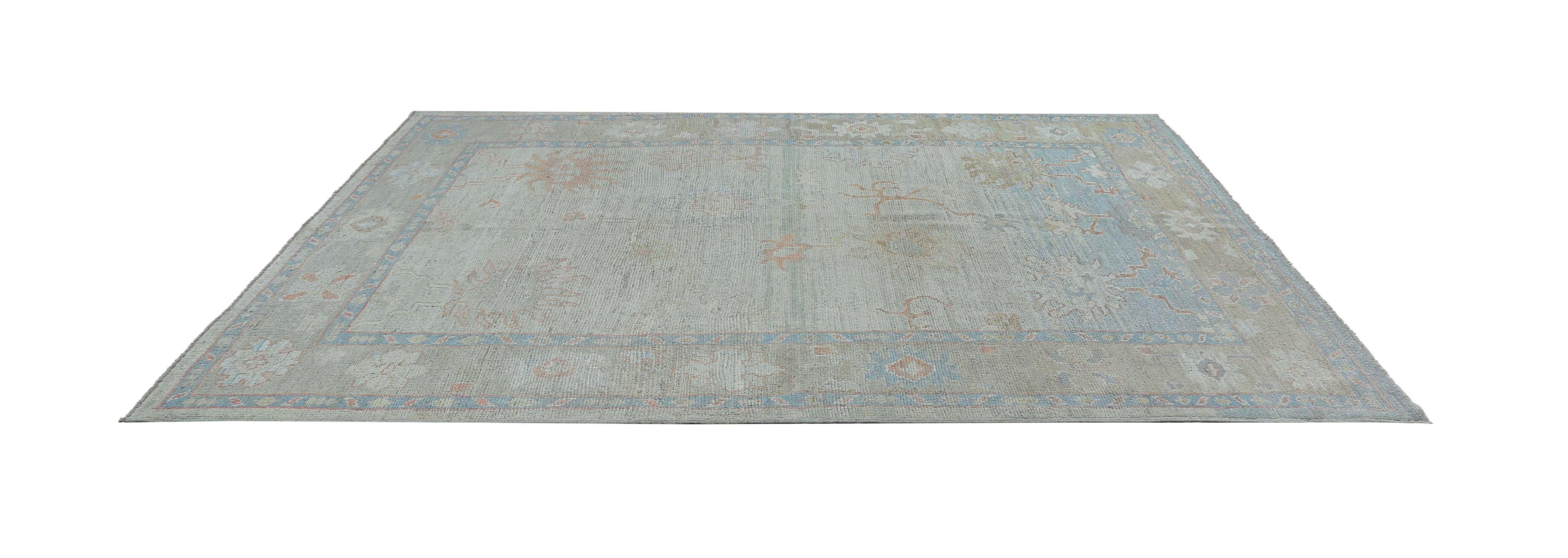 Contemporary Bright Blue Turkish Oushak Rug For Sale