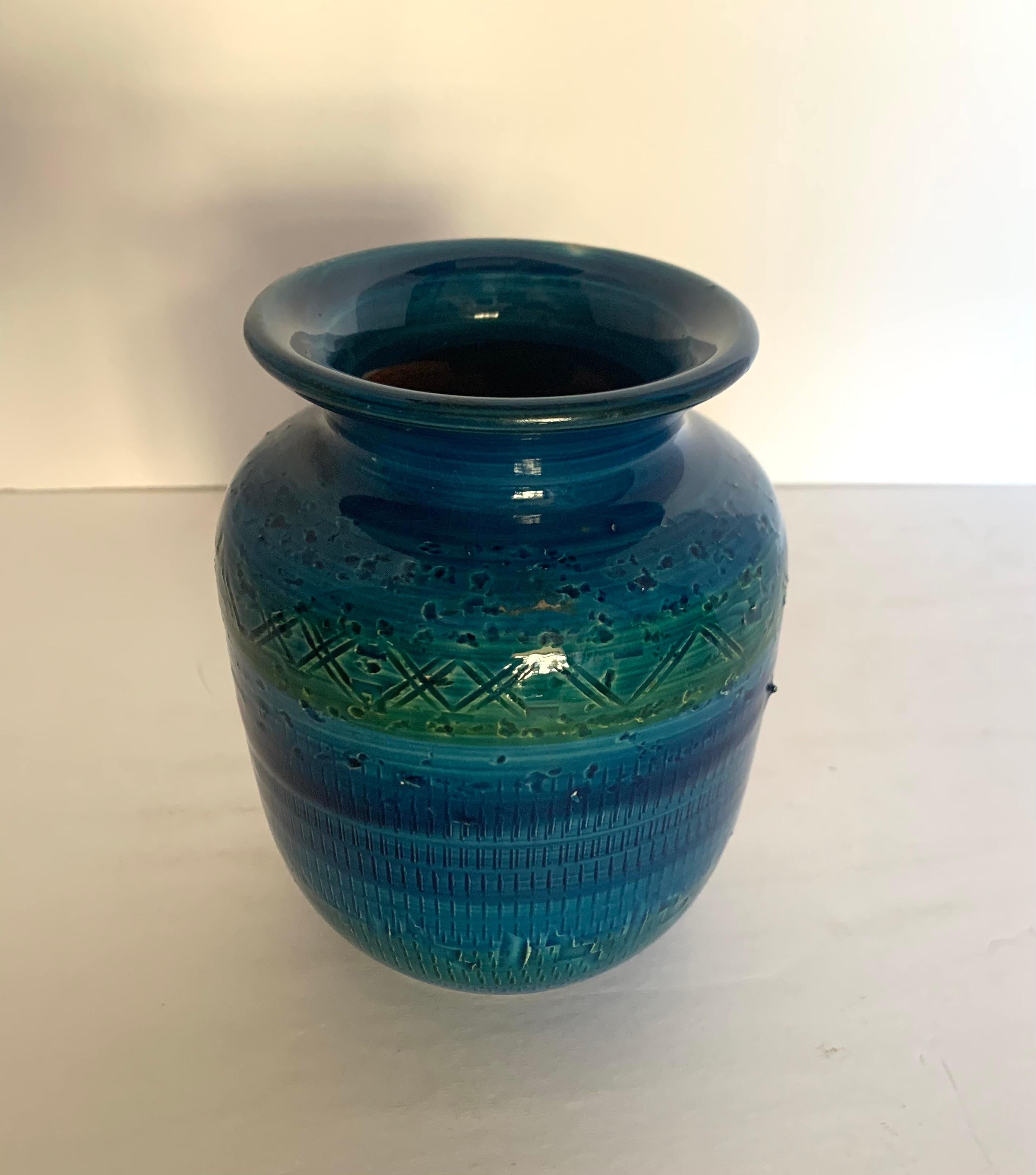 French Bright Blue With Green Stripe Geometric Chevron Design Vase, France, Mid Century For Sale