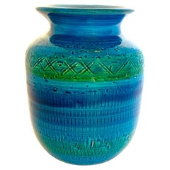 Vintage Bright Blue With Green Stripe Geometric Chevron Design Vase, France, Mid Century
