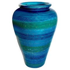 Bright Blue With Green Stripe Geometric Design Tall Vase, France, Mid Century