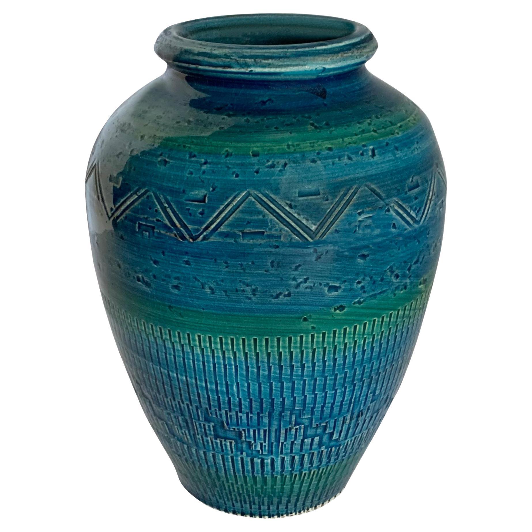 Bright Blue With Green Stripe Geometric Design Vase, France, Mid Century For Sale