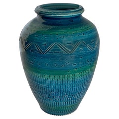 Bright Blue With Green Stripe Geometric Design Vase, France, Mid Century