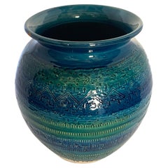Vintage Bright Blue With Green Stripe Geometric Design Vase, France, Mid Century