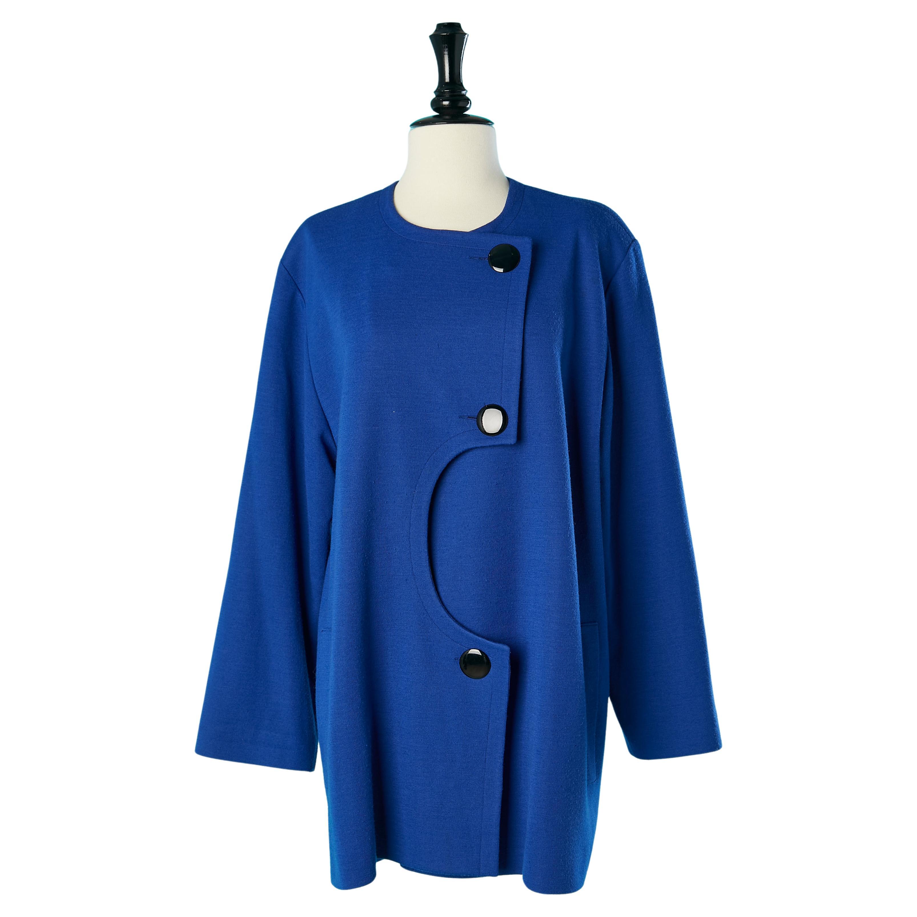 Bright blue wool & acrylic jersey jacket with cut-work Pierre Cardin Paris  For Sale