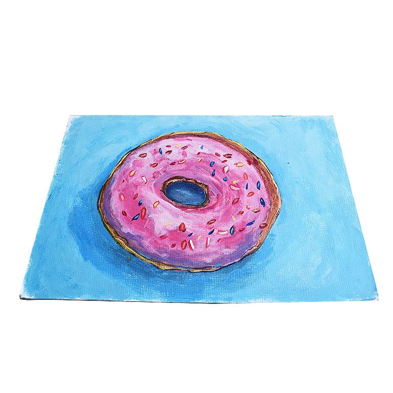 Folk Art Bright Bold Blue and Pink Outsider Painting of Donut 20th Century