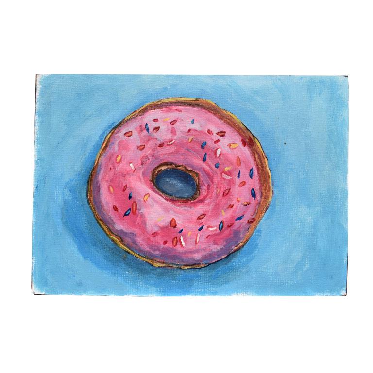 Bright Bold Blue and Pink Outsider Painting of Donut 20th Century 2