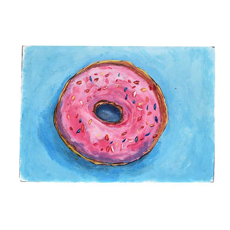 Bright Bold Blue and Pink Outsider Painting of Donut 20th Century 3