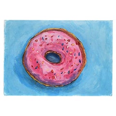 Bright Bold Blue and Pink Outsider Painting of Donut 20th Century