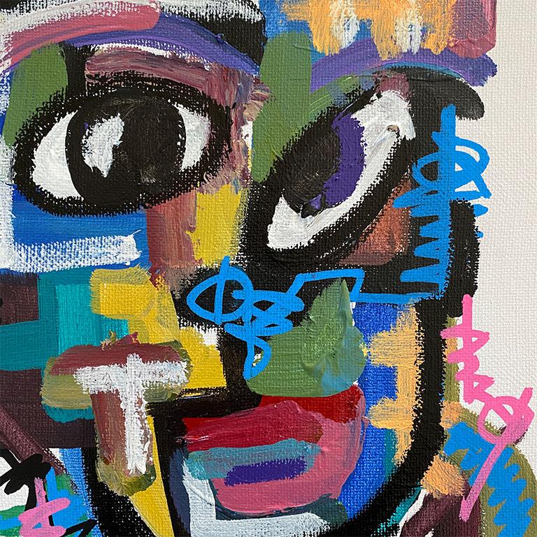 Post-Modern Bright Bold Color Postmodern Cubist Portrait Painting on Canvas, Signed For Sale