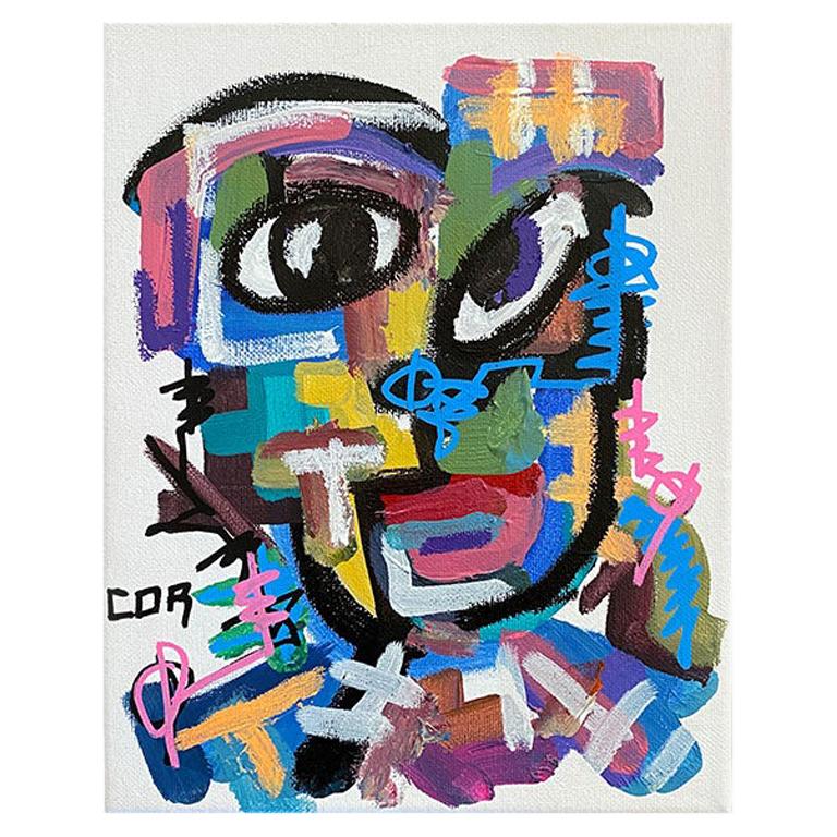 Bright Bold Color Postmodern Cubist Portrait Painting on Canvas, Signed For Sale