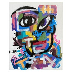 Retrato cubista posmoderno de colores vivos sobre lienzo, firmado