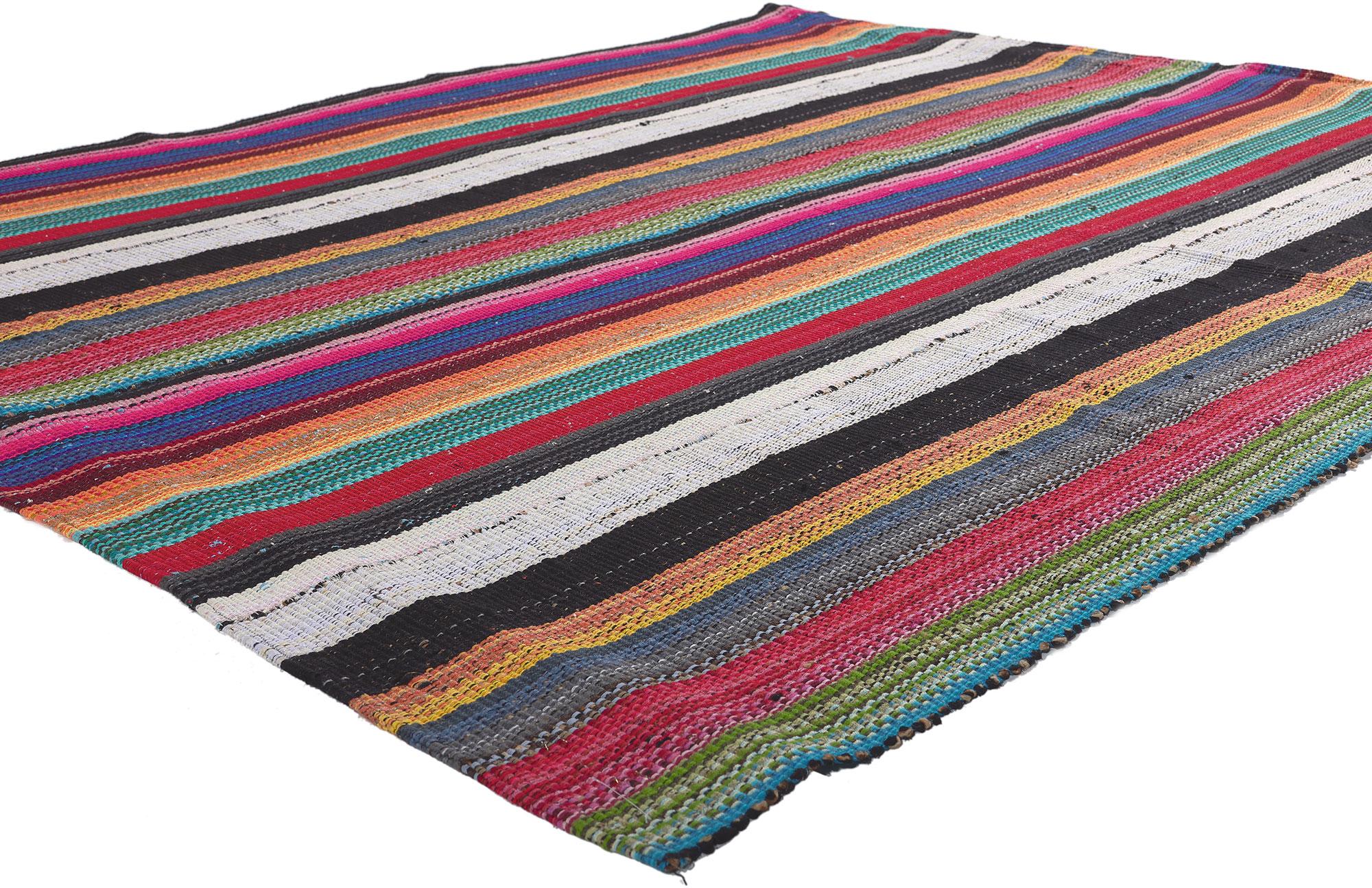 60678 Vintage Turkish Rainbow Stripe Kilim Rug, 05'08 x 07'01.
Bright, bold, vintage and modern, this handwoven rainbow stripe kilim rug has it all. The eye-catching striped pattern and vibrant colorway woven into this piece work together creating a