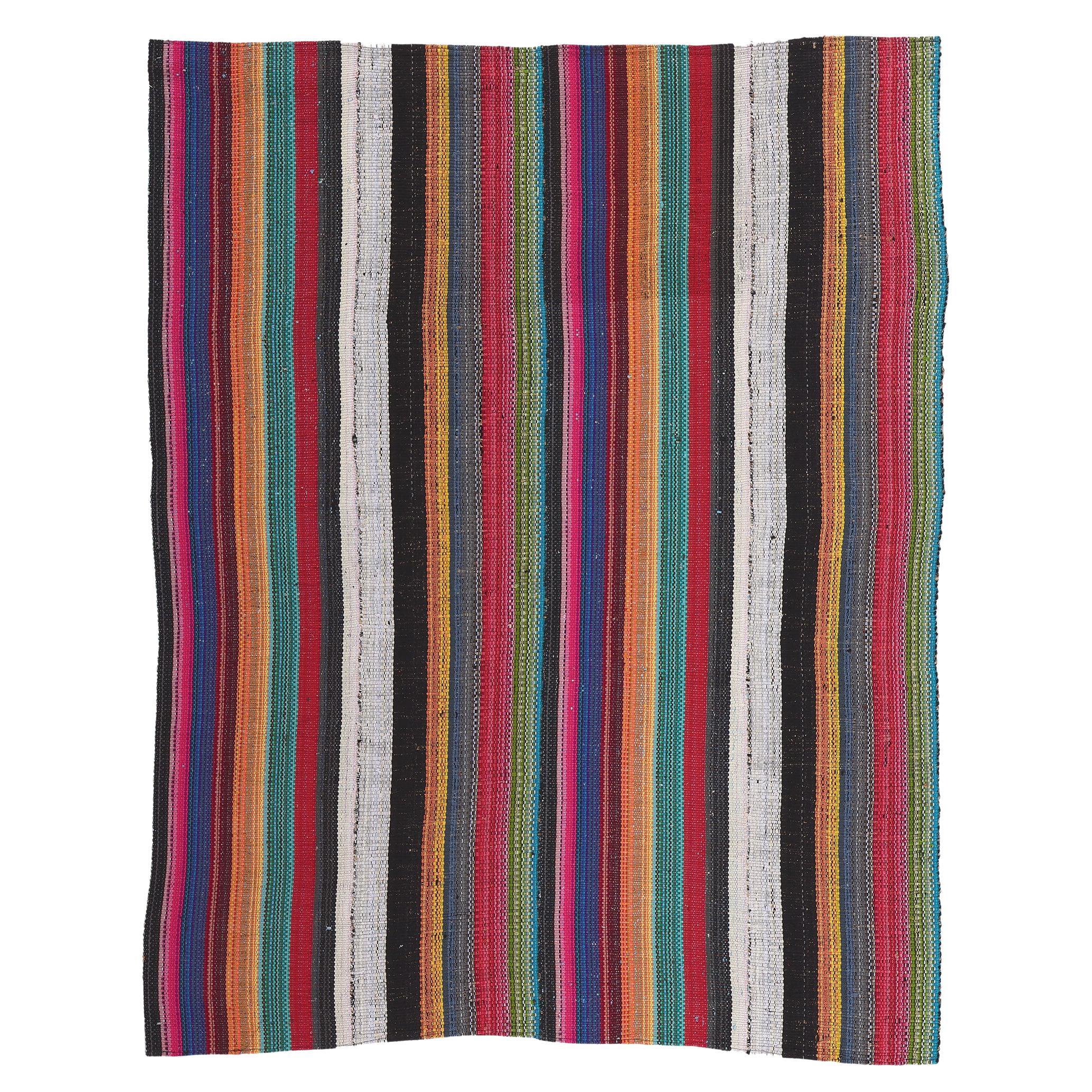 Bright Bold Vintage and Modern Handwoven Rainbow Stripe Kilim Rug For Sale
