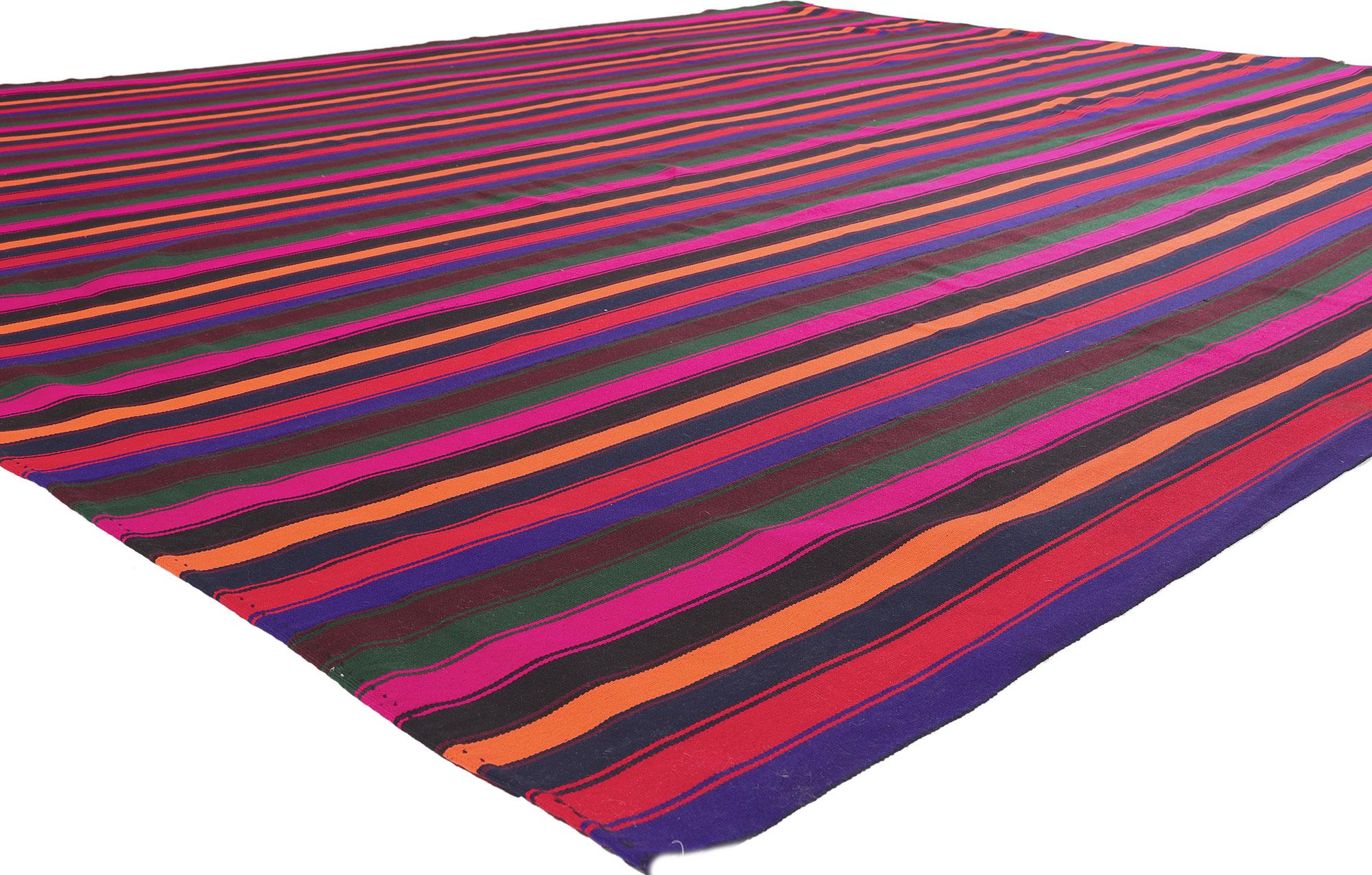 60741 Vintage Turkish Striped Kilim Rug, 10’06 x 12’05.
Bold, bring, modern and vintage, this handwoven striped kilim area rug has it all. The eye-catching stripe pattern and vibrant colorway woven into this piece work together creating a cozy,