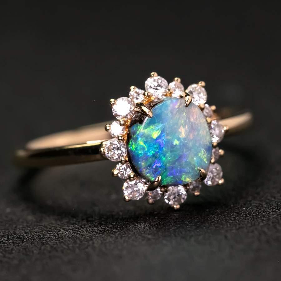 Bague de fiançailles Boulder Opal Halo Diamond Or jaune 18K Neuf - En vente à Suwanee, GA