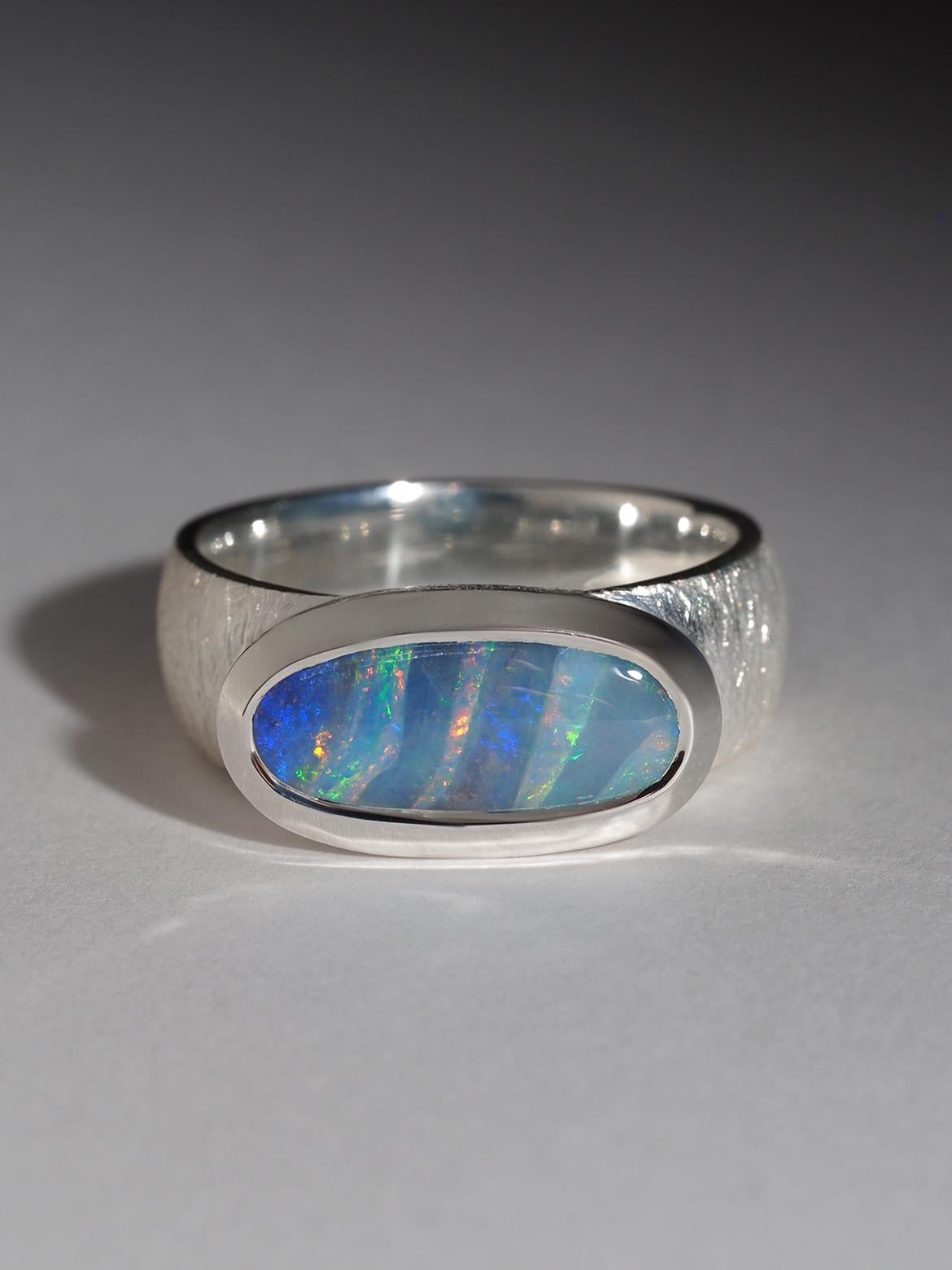 Artisan Bright Boulder Opal Silver Ring Blue Green Red Stripes Opal Jewellery gift
