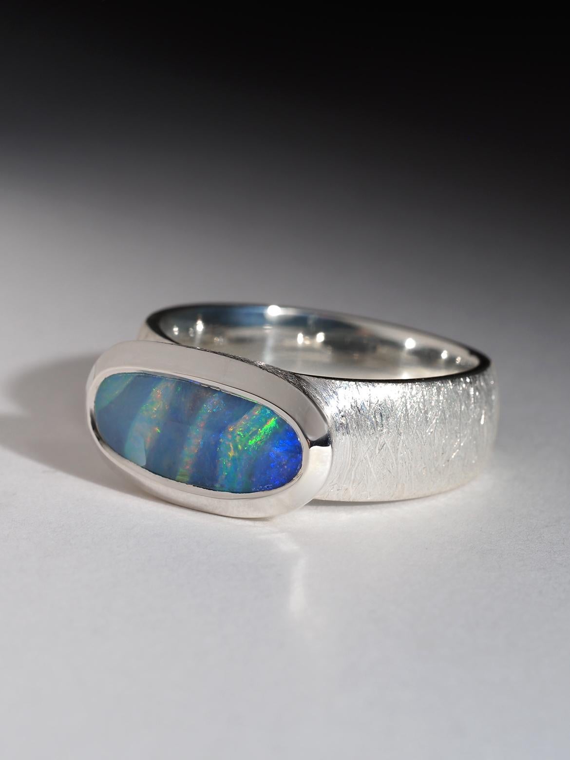 Oval Cut Bright Boulder Opal Silver Ring Blue Green Red Stripes Opal Jewellery gift