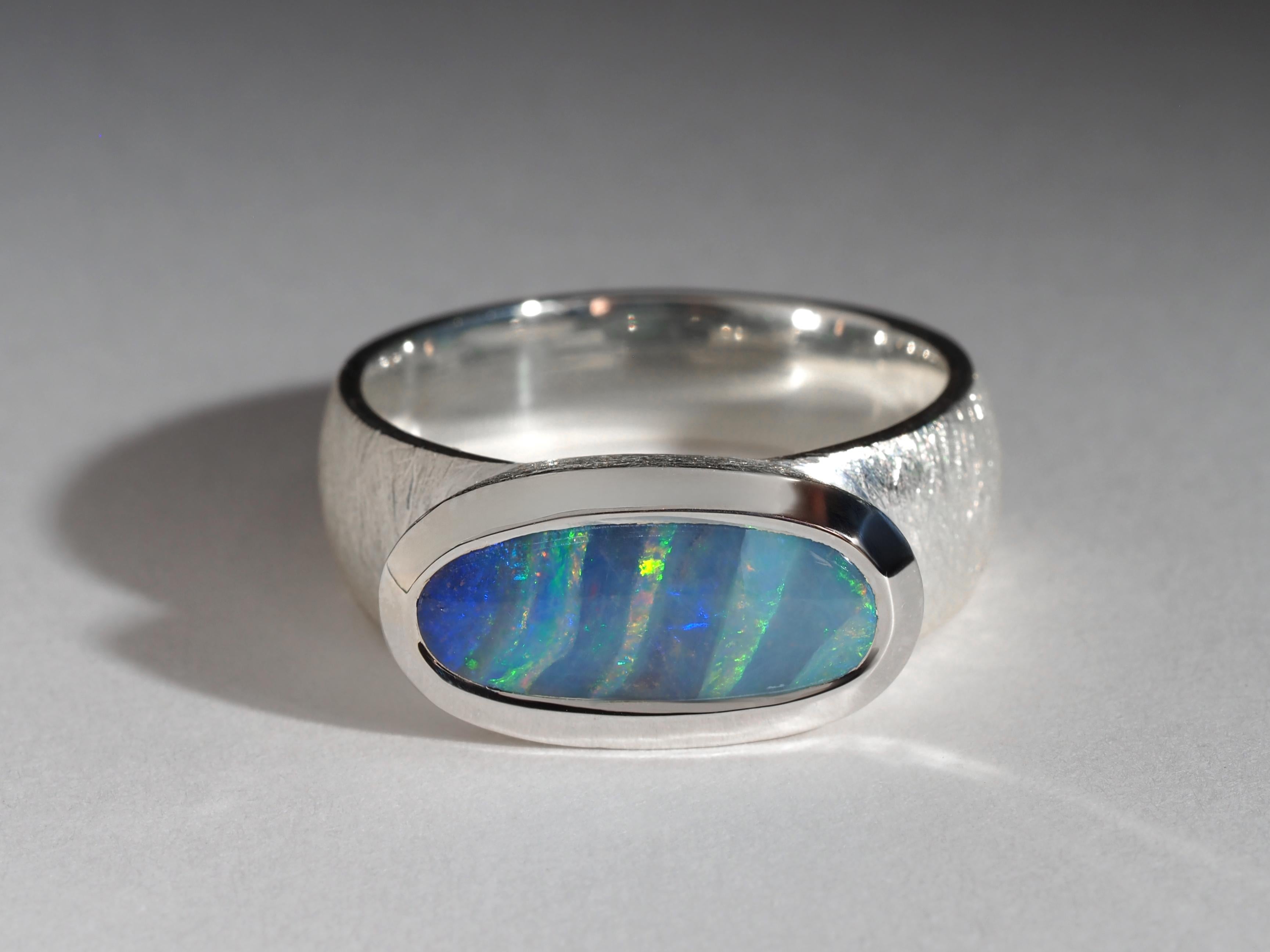 Women's or Men's Bright Boulder Opal Silver Ring Blue Green Red Stripes Opal Jewellery gift