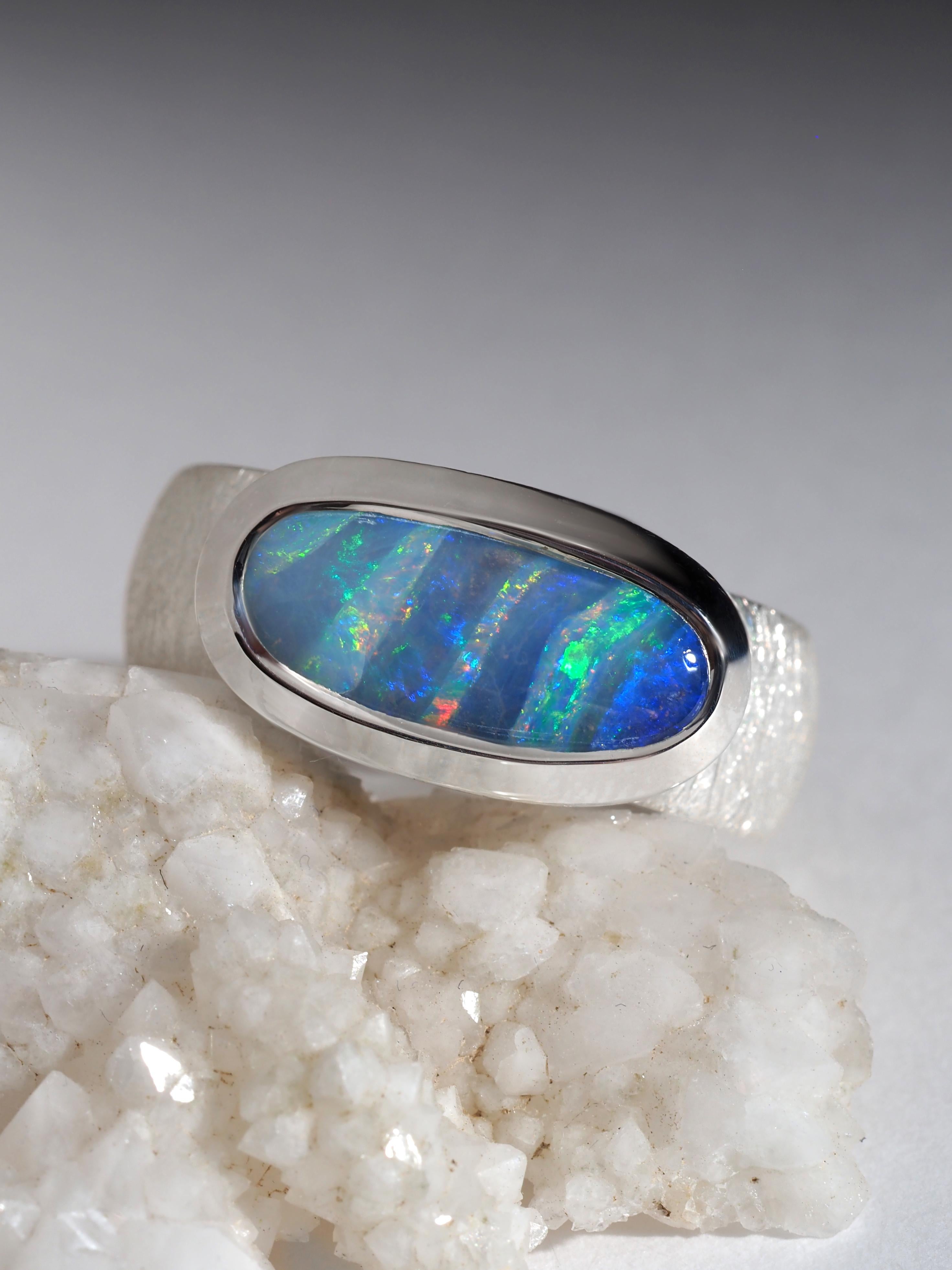 Bright Boulder Opal Silver Ring Blue Green Red Stripes Opal Jewellery gift 1