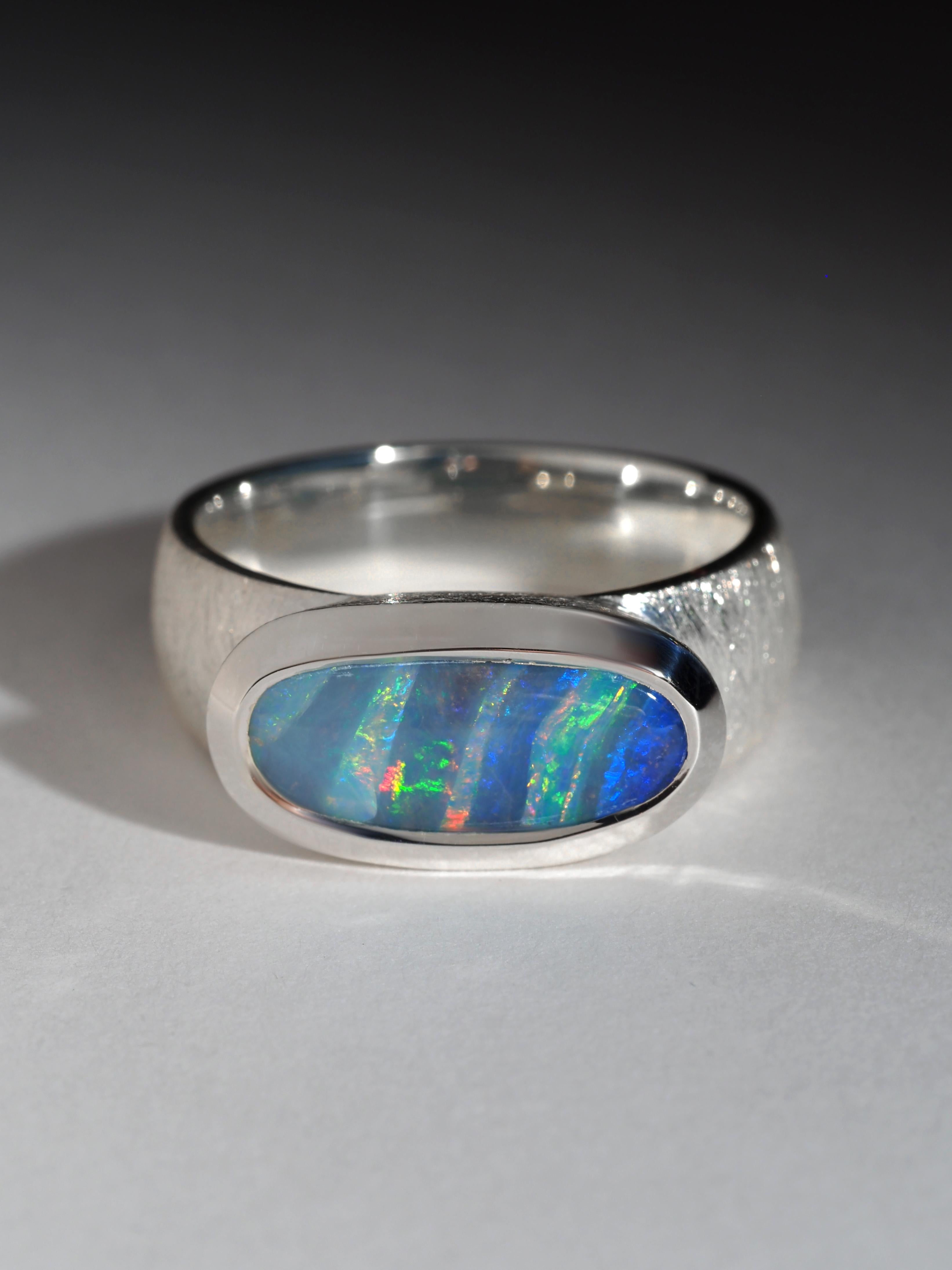 Bright Boulder Opal Silver Ring Blue Green Red Stripes Opal Jewellery gift 2