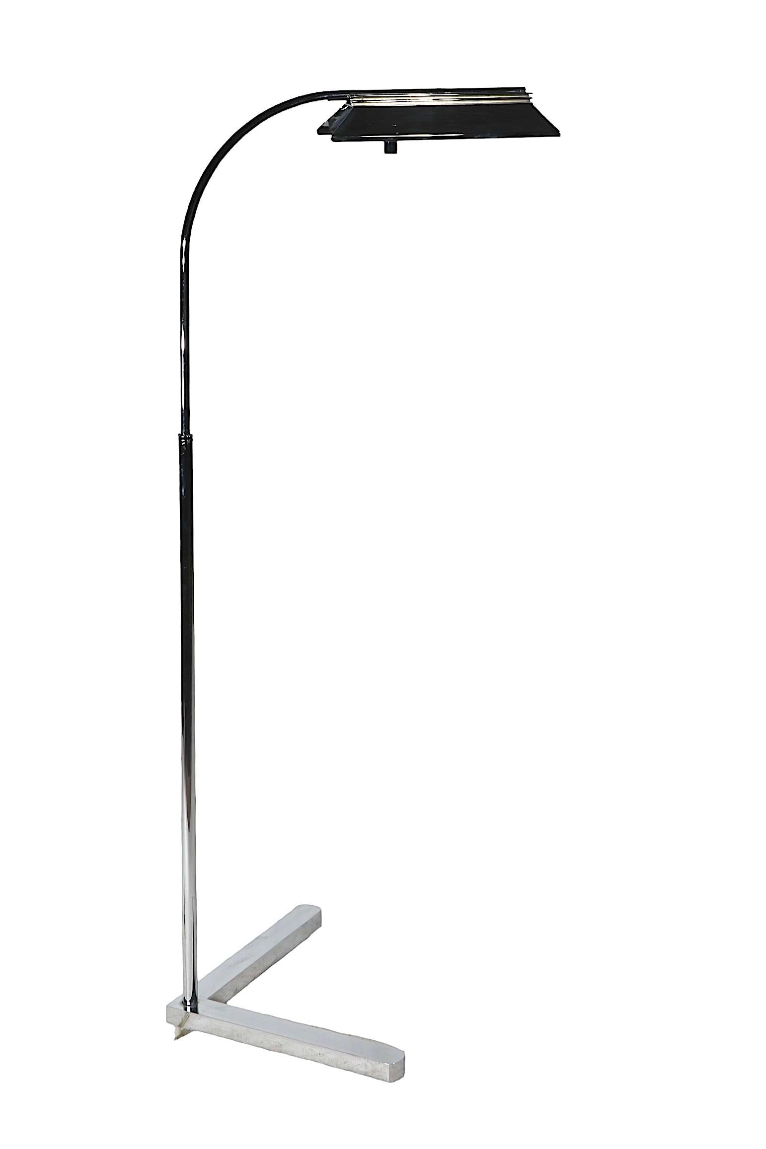 American Bright Chrome Adjustable Floor Reading Pharmacy Style Lamp by Casella C 1980's For Sale