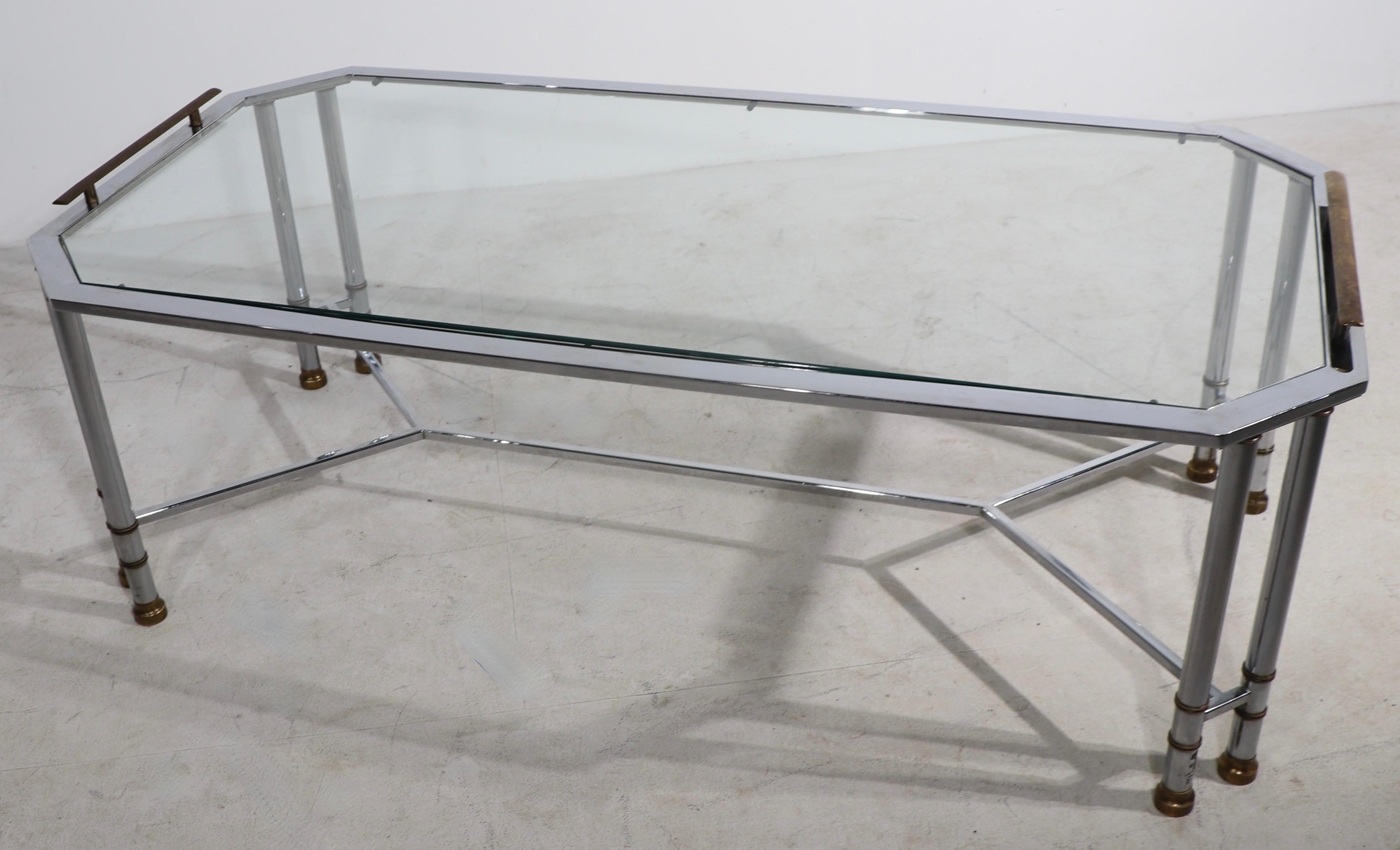 Bright Chrome Brass and Glass Coffee Table After Maison Jansen For Sale 4