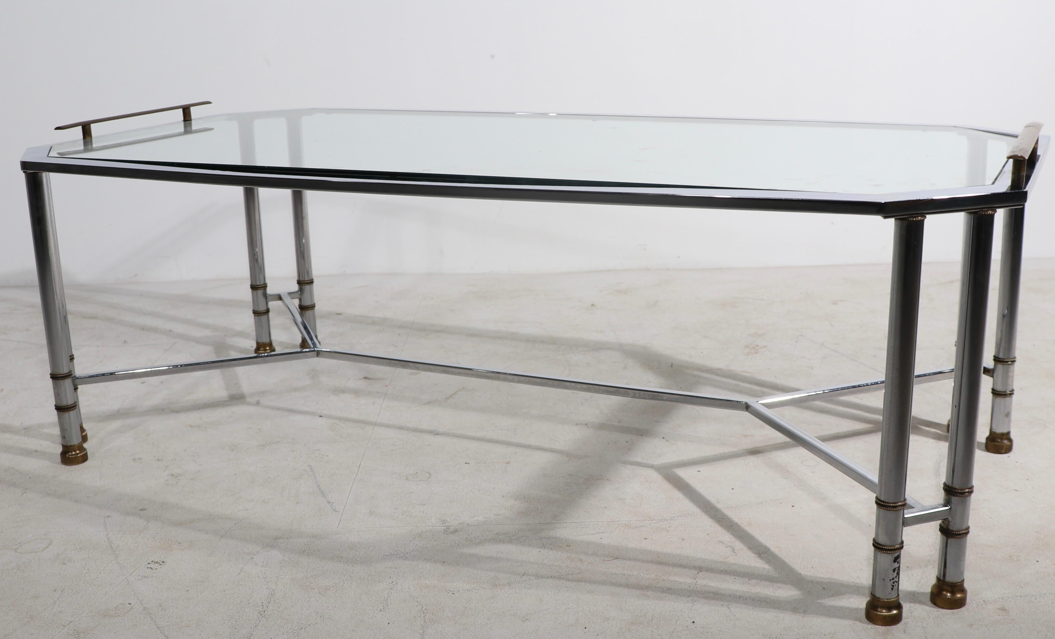 Bright Chrome Brass and Glass Coffee Table After Maison Jansen For Sale 5