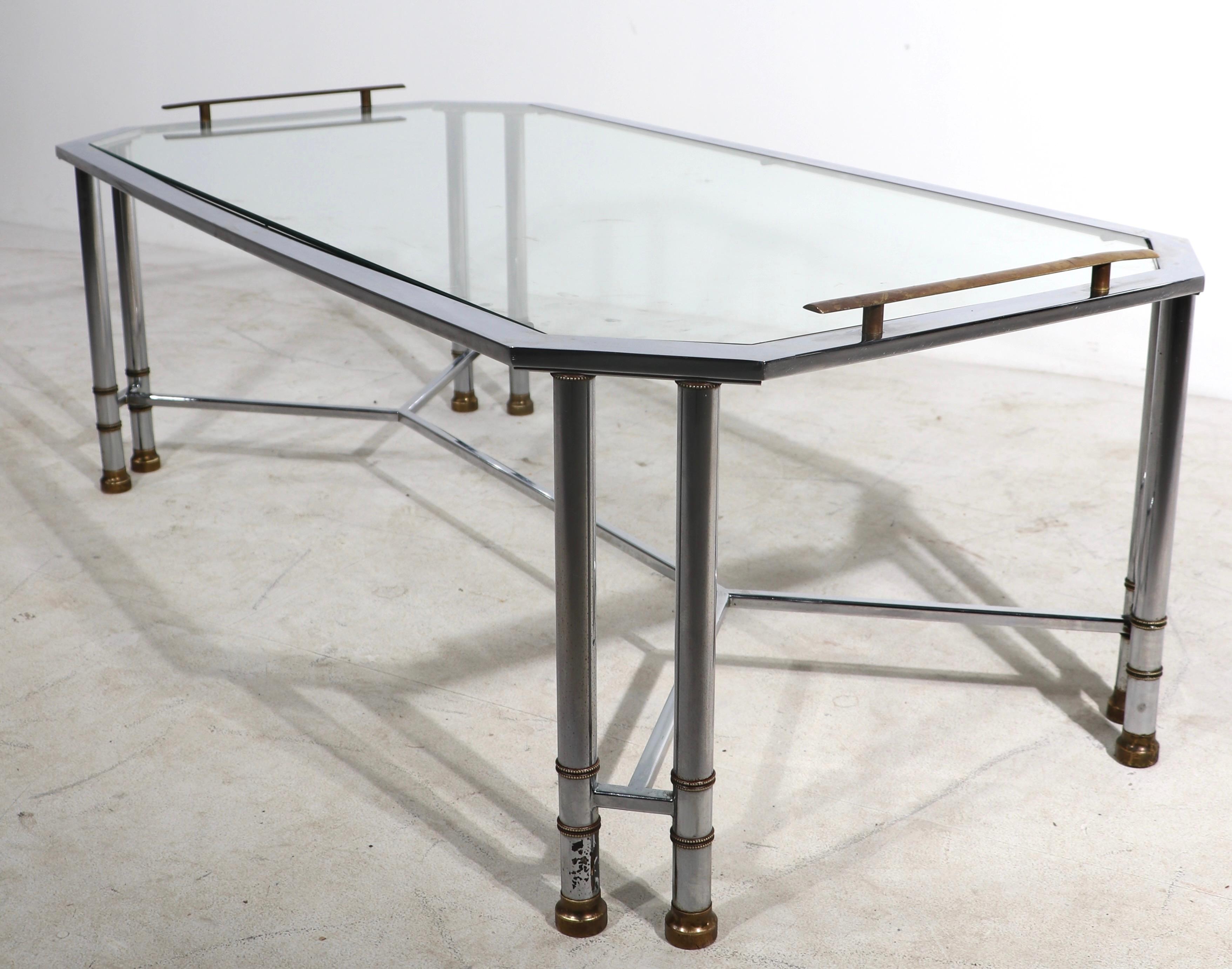 Bright Chrome Brass and Glass Coffee Table After Maison Jansen For Sale 7