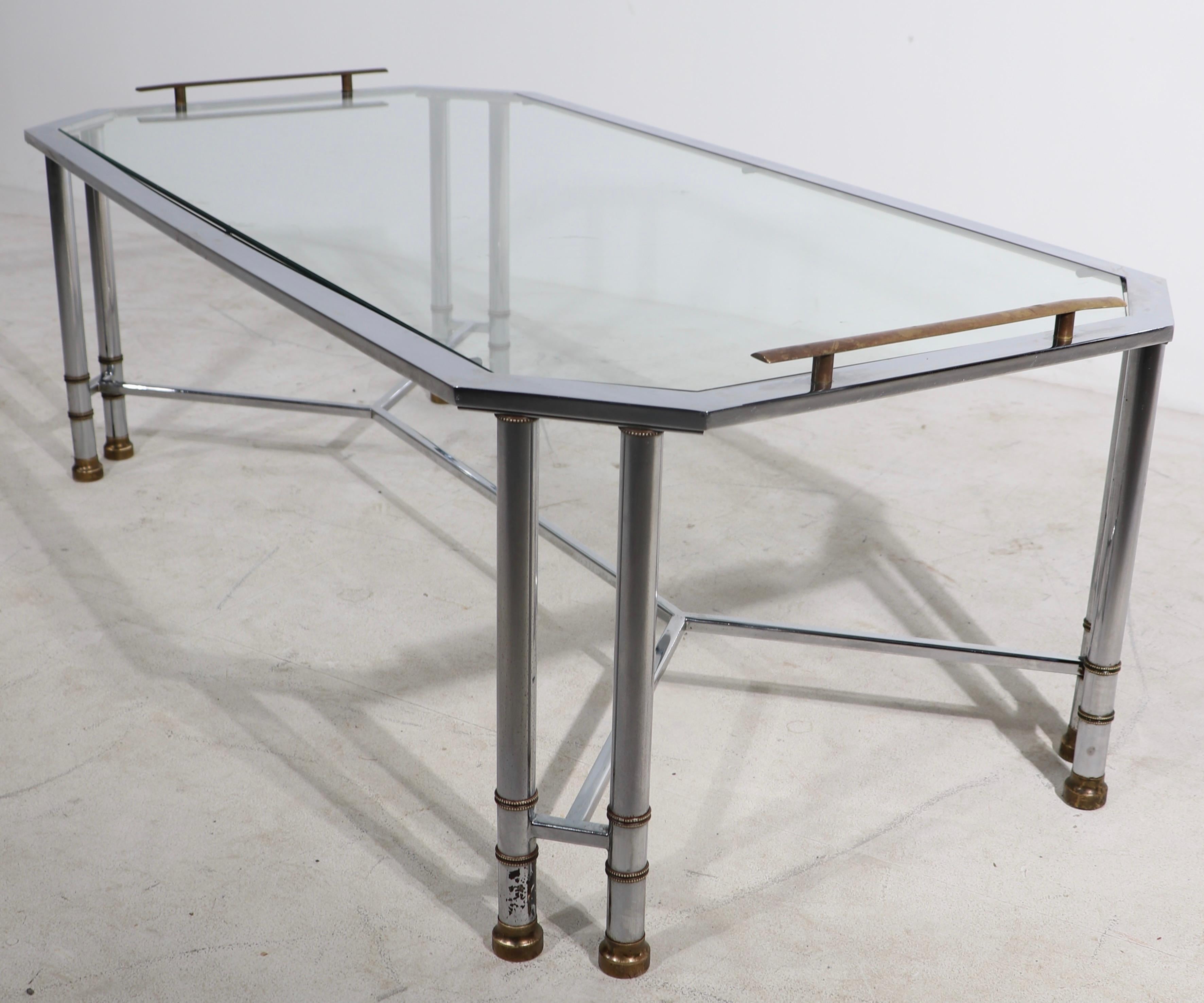 Bright Chrome Brass and Glass Coffee Table After Maison Jansen For Sale 8