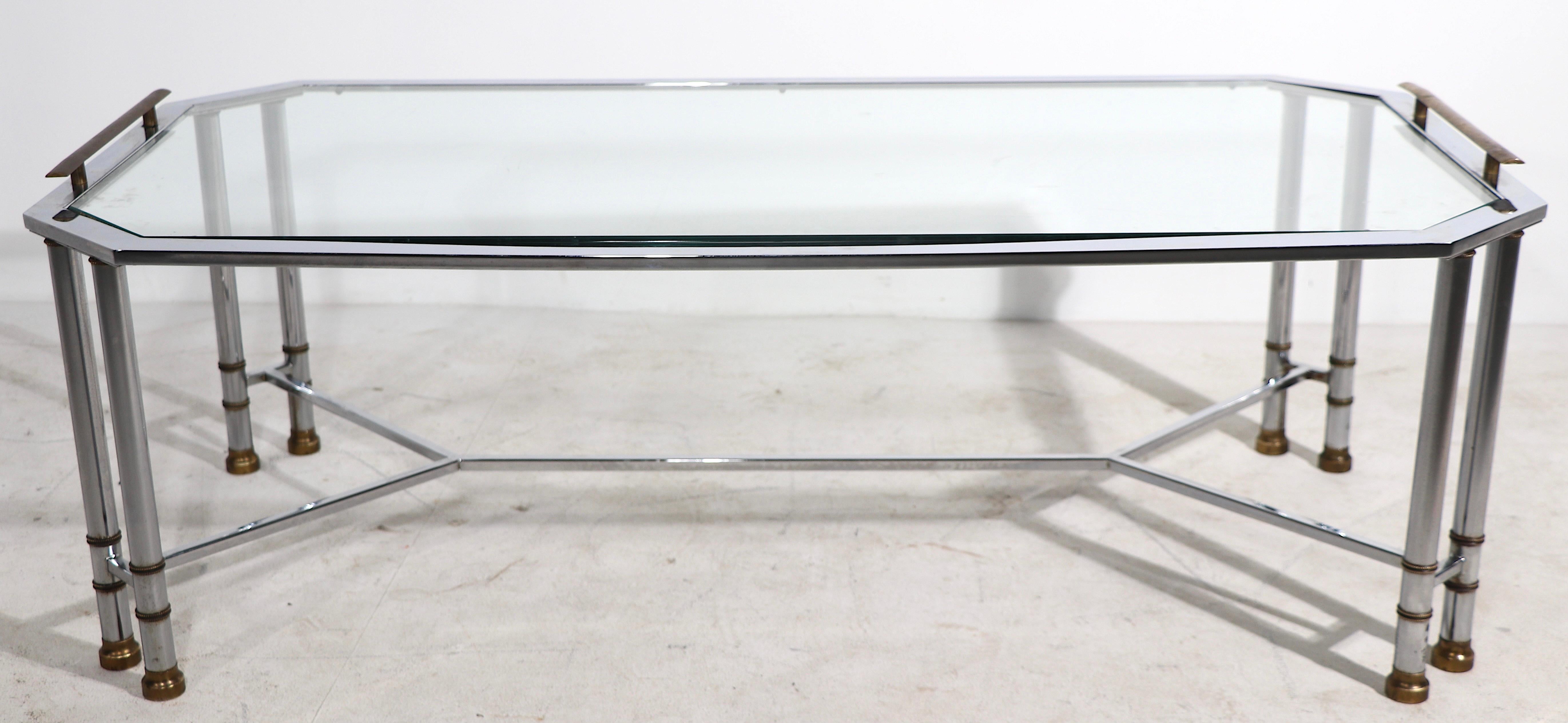 Bright Chrome Brass and Glass Coffee Table After Maison Jansen For Sale 9