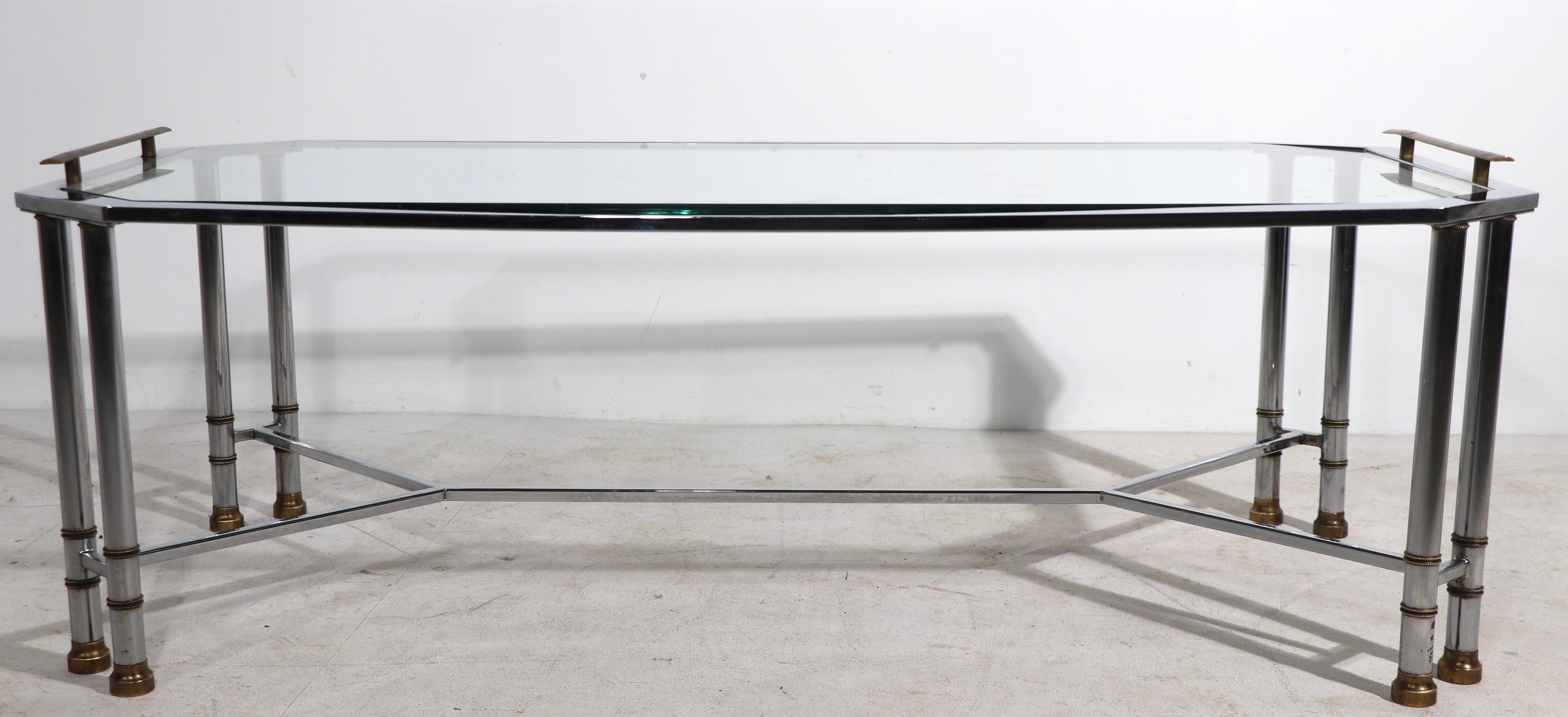 Bright Chrome Brass and Glass Coffee Table After Maison Jansen For Sale 10