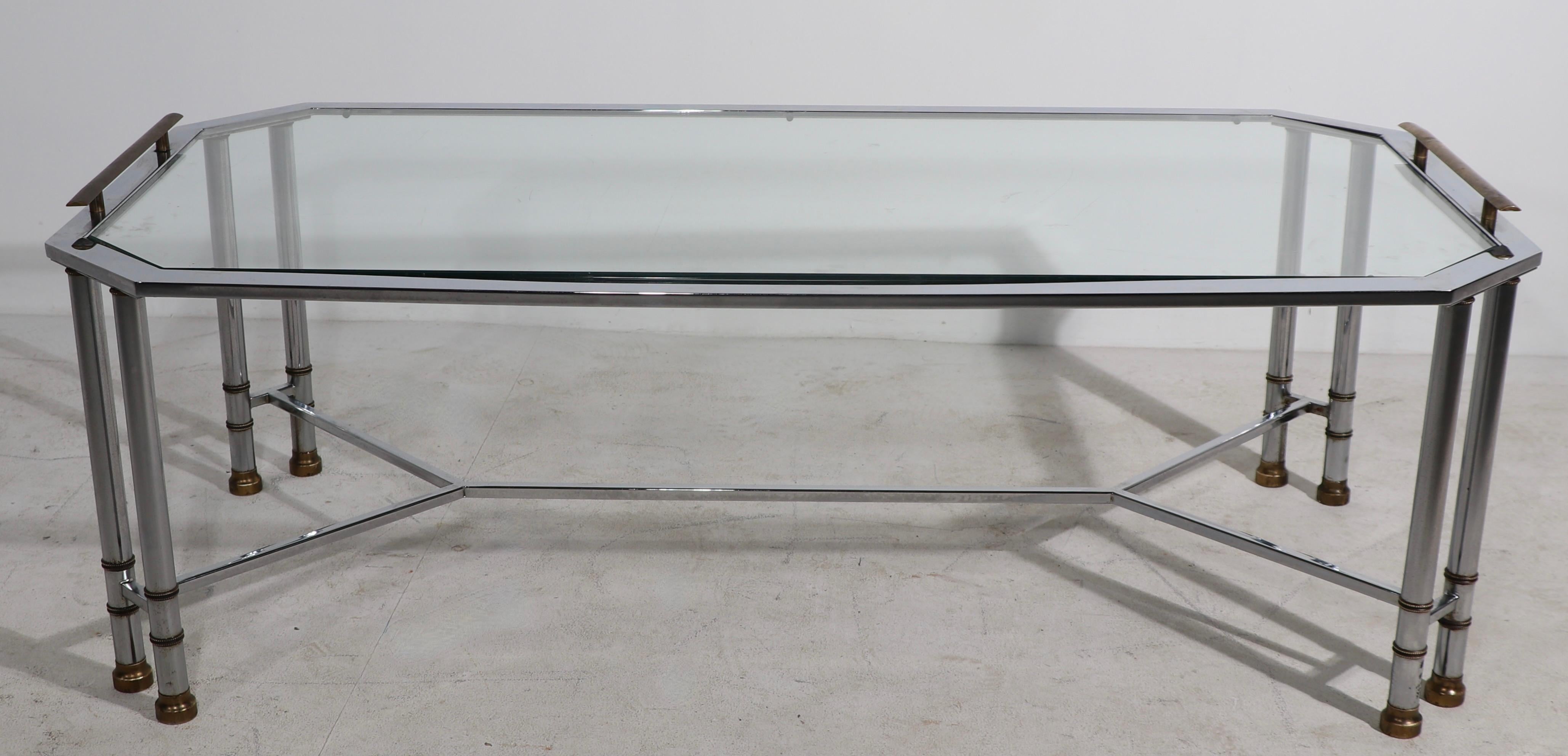 Bright Chrome Brass and Glass Coffee Table After Maison Jansen For Sale 11