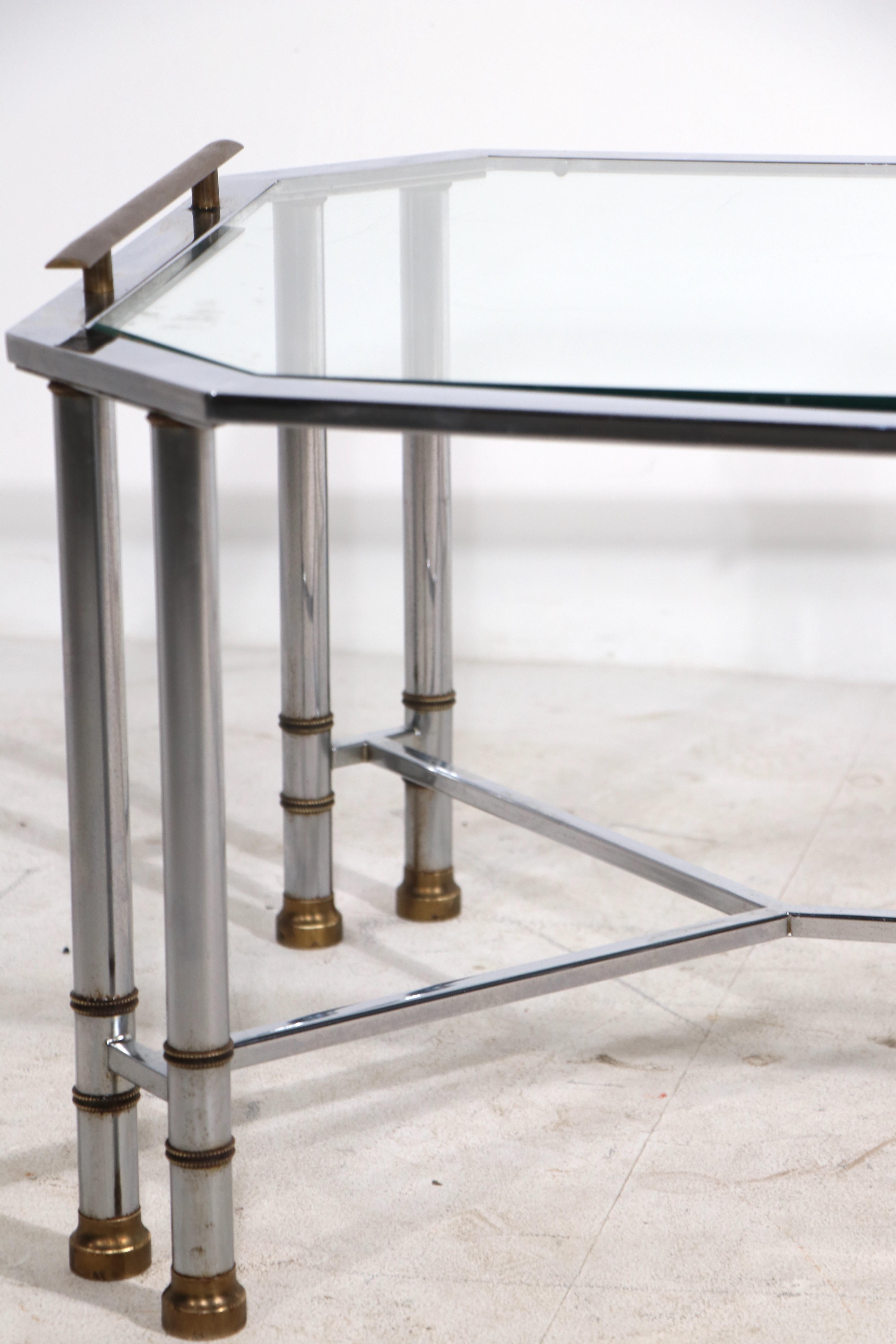 Bright Chrome Brass and Glass Coffee Table After Maison Jansen For Sale 13