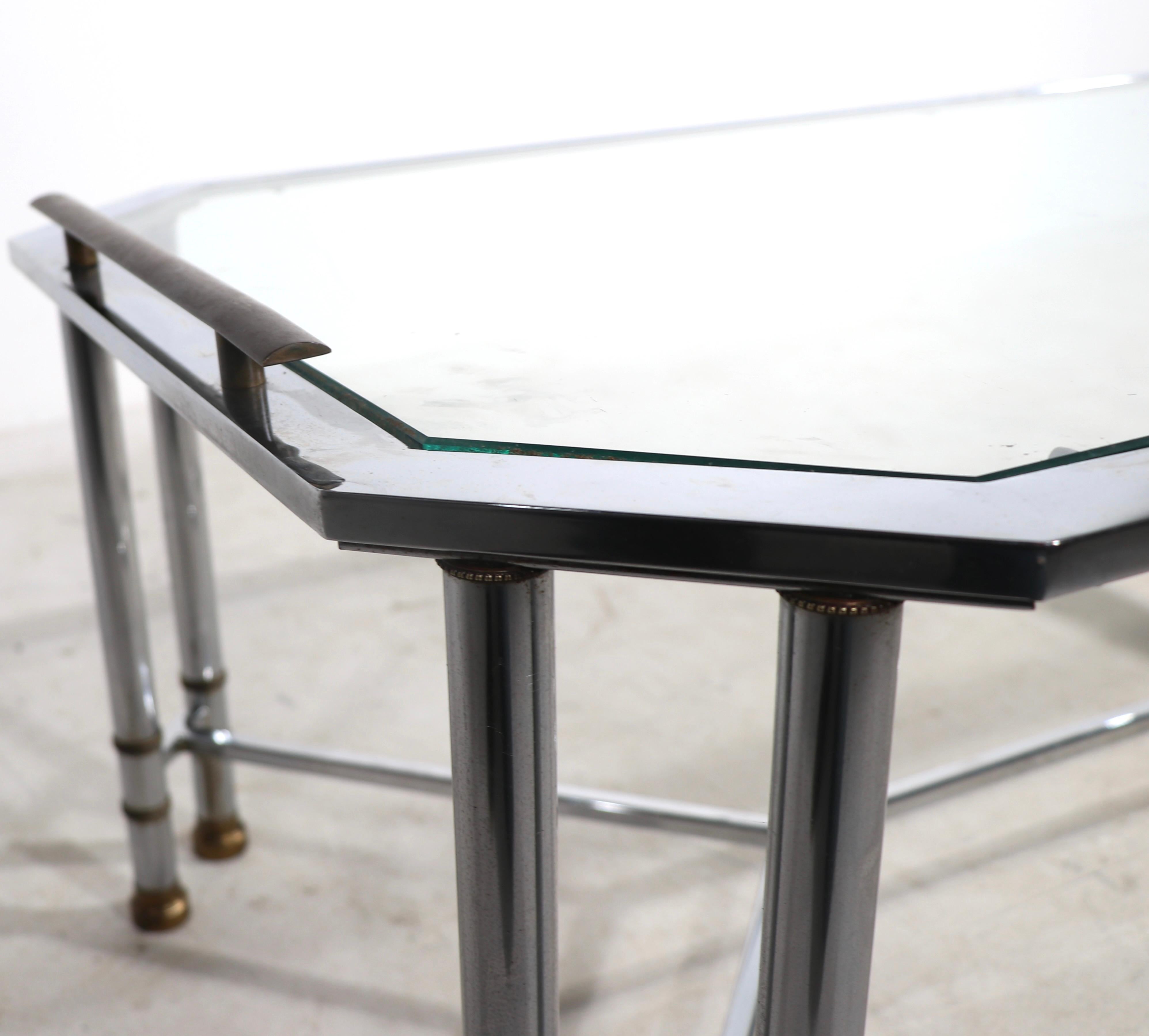 20th Century Bright Chrome Brass and Glass Coffee Table After Maison Jansen For Sale