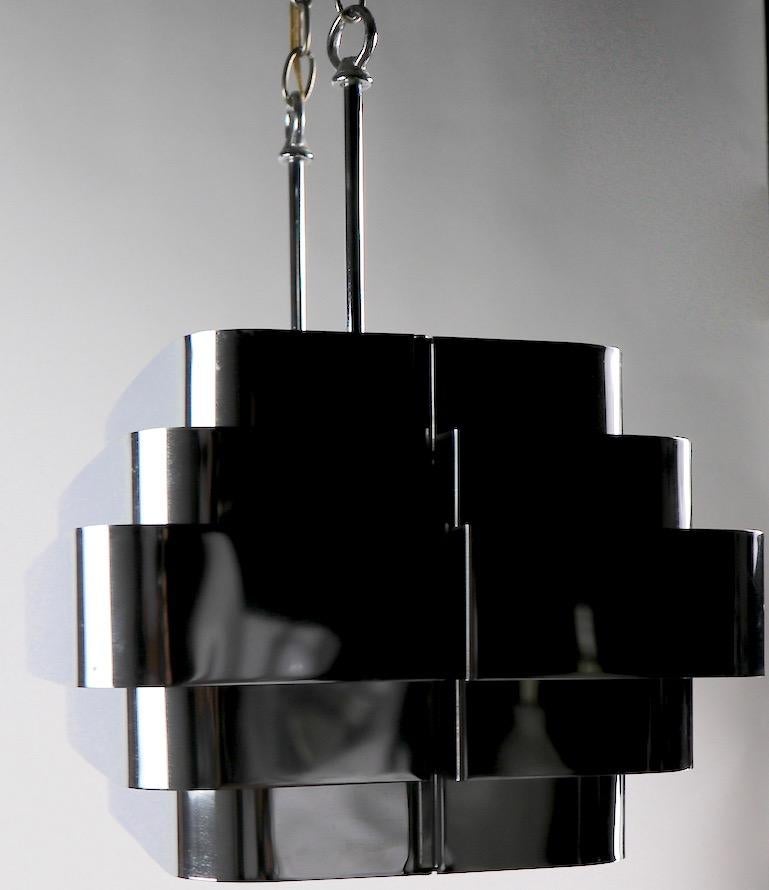 Bright Chrome Louvered Band Chandelier Attributed to Sonneman 4