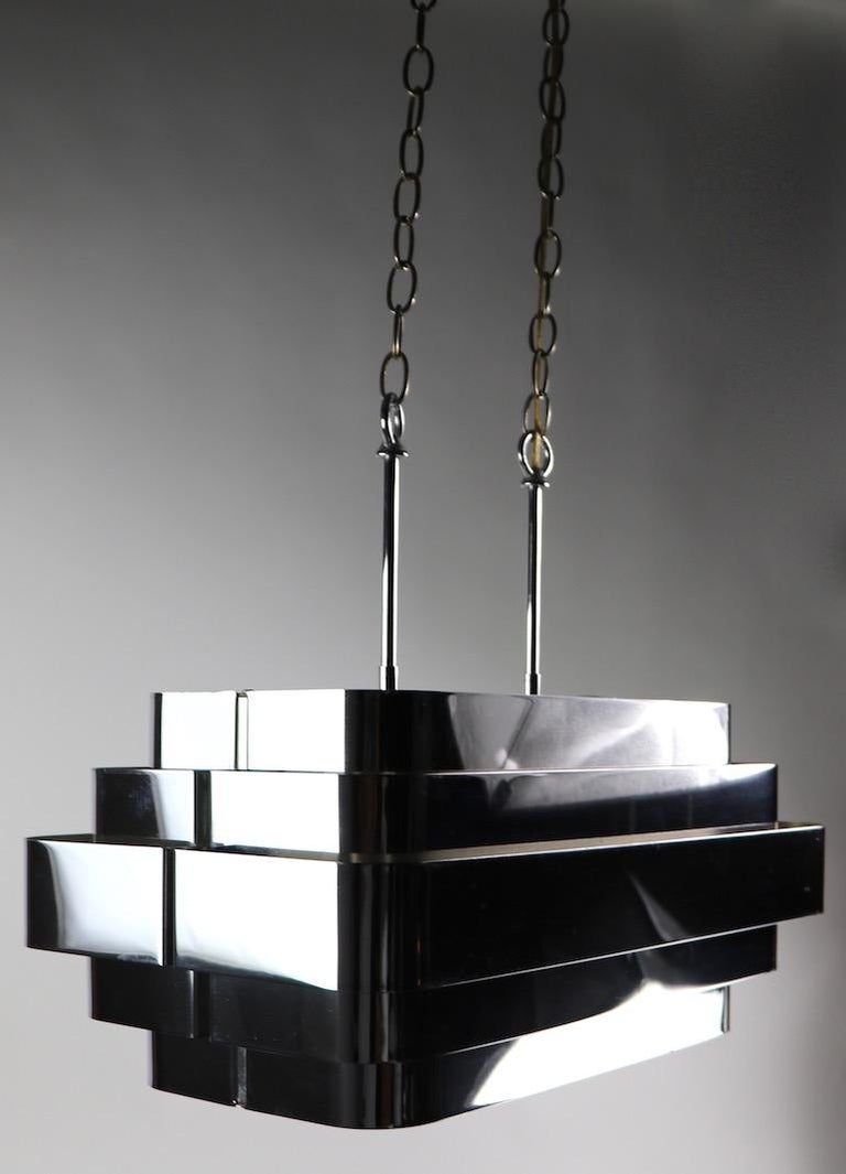 Bright Chrome Louvered Band Chandelier Attributed to Sonneman For Sale