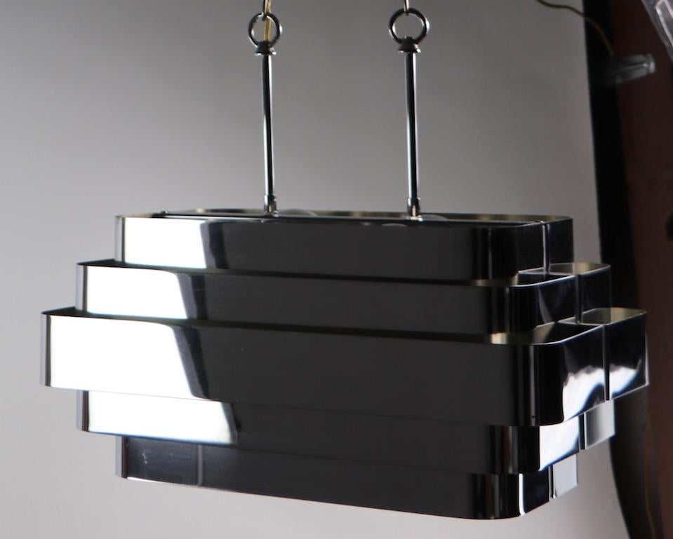 Bright Chrome Louvered Band Chandelier Attributed to Sonneman 9
