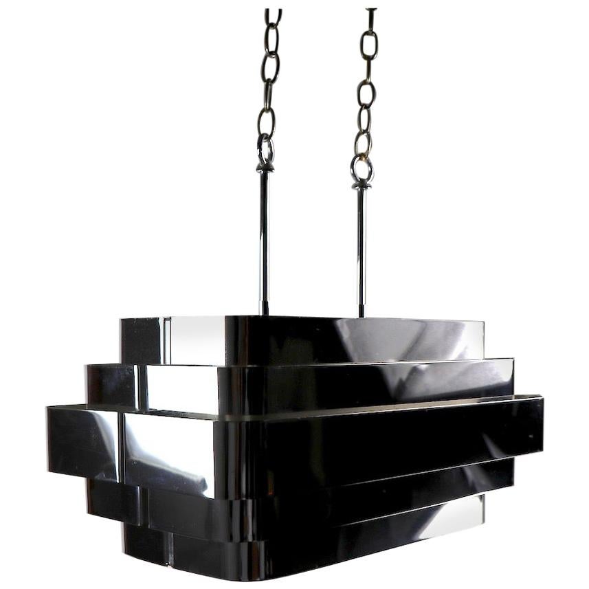 Bright Chrome Louvered Band Chandelier Attributed to Sonneman