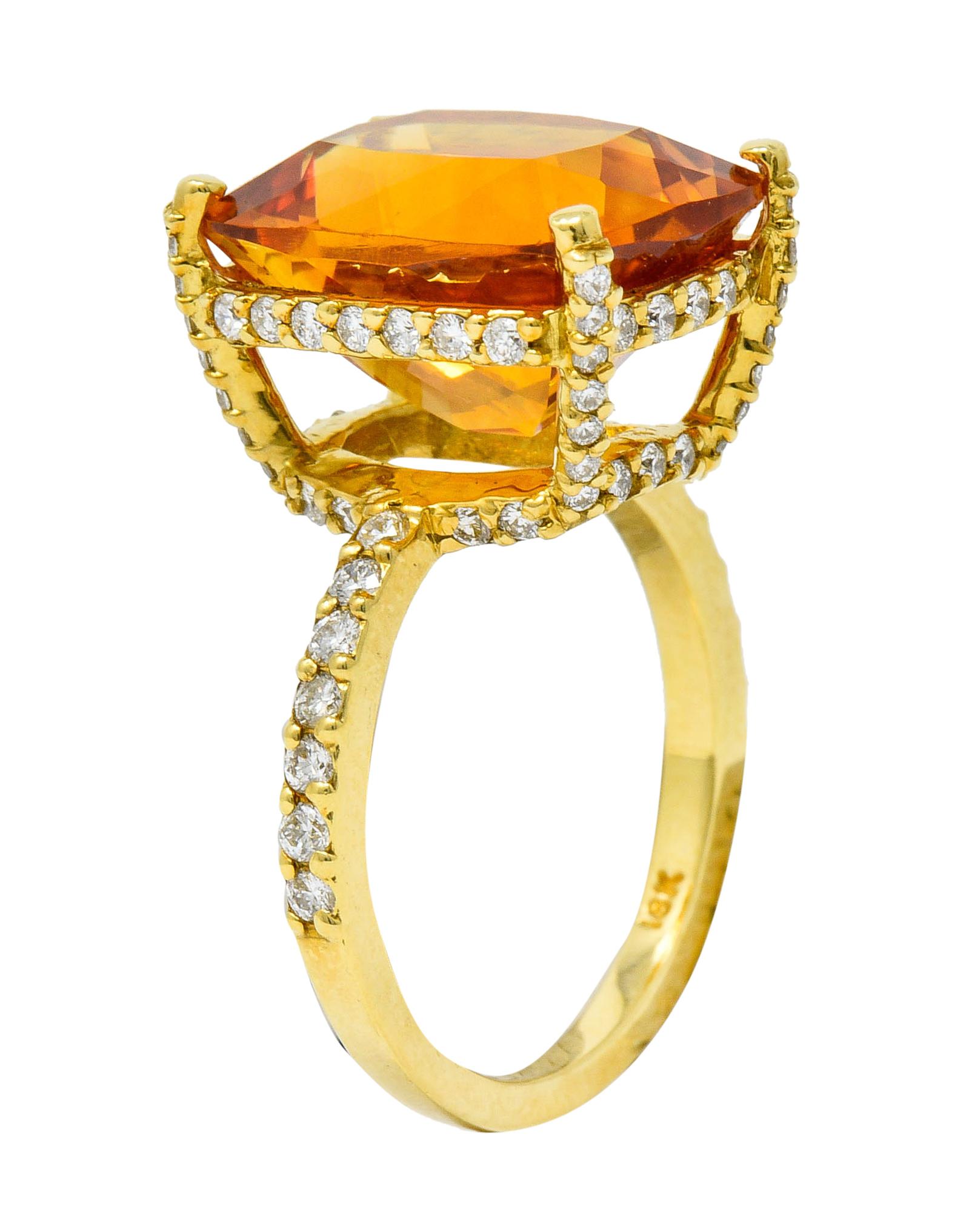 Centering a basket set rectangular checkerboard cut citrine

An incredibly saturated orange color and measures approximately 14.0 x 12.0 mm

Accented throughout by round brilliant cut diamonds weighing in total approximately 1.90 carats; G/H color