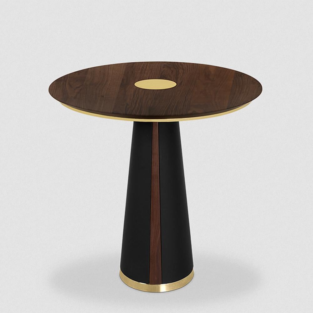 Cocktail table Bright with walnut wood base covered
with black genuine leather. Down base is in solid brass
in polished finish. Cocktail table with solid walnut top with
solid brass center ring in polished finish and with solid brass 
edge trim