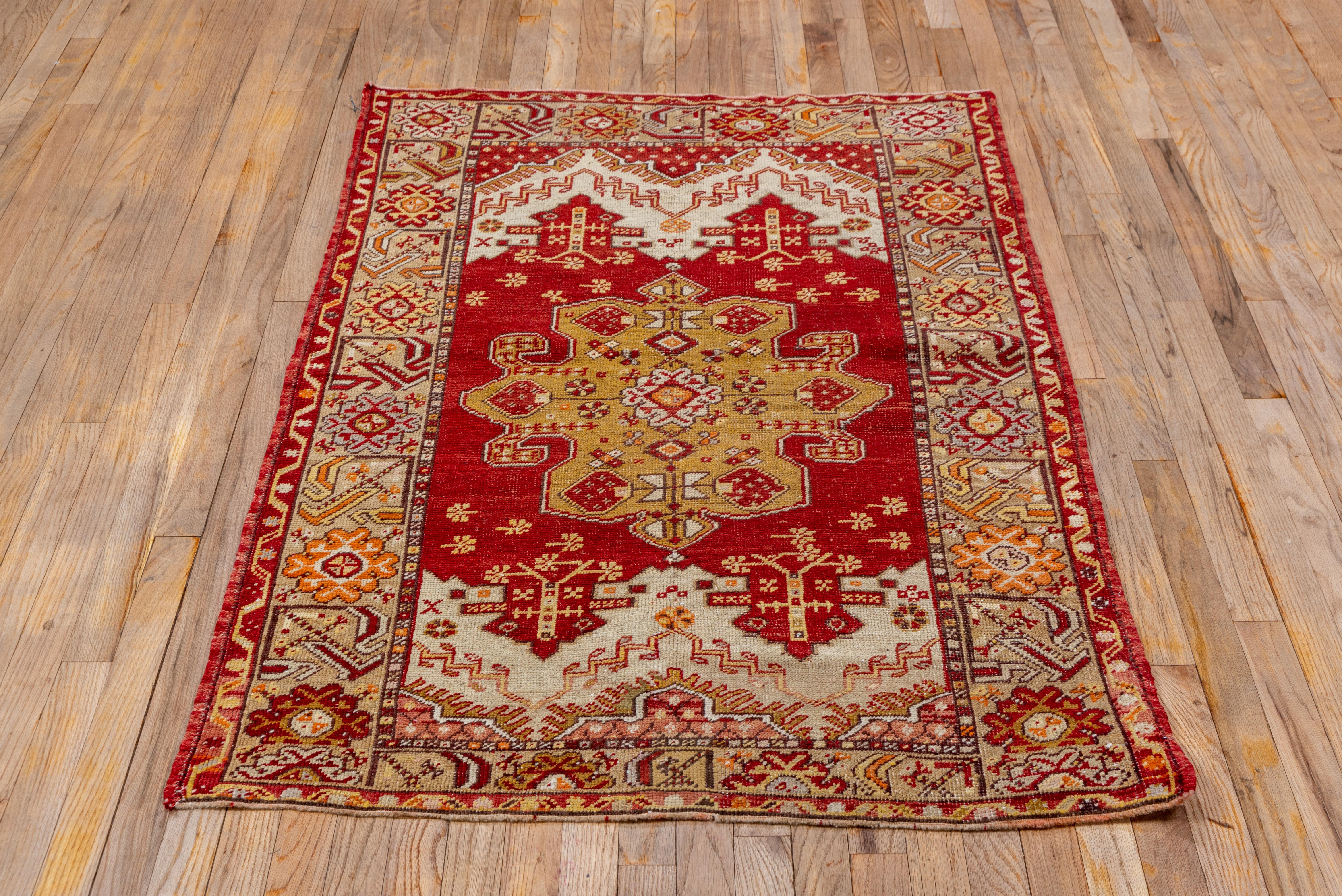 Bright Colored Antique Turkish Oushak Scatter Rug, Red & Yellow Tones In Good Condition For Sale In New York, NY