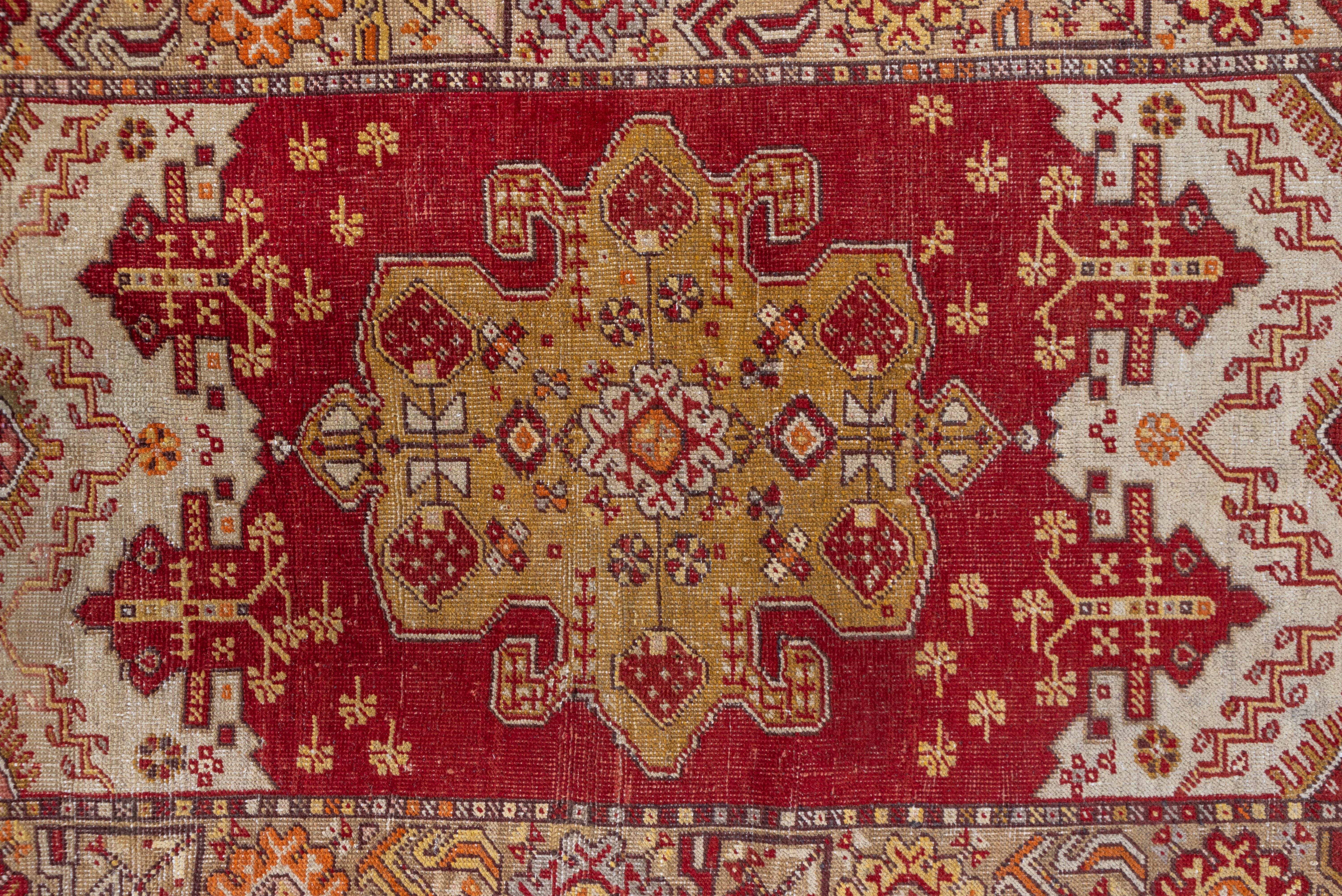 Mid-20th Century Bright Colored Antique Turkish Oushak Scatter Rug, Red & Yellow Tones For Sale
