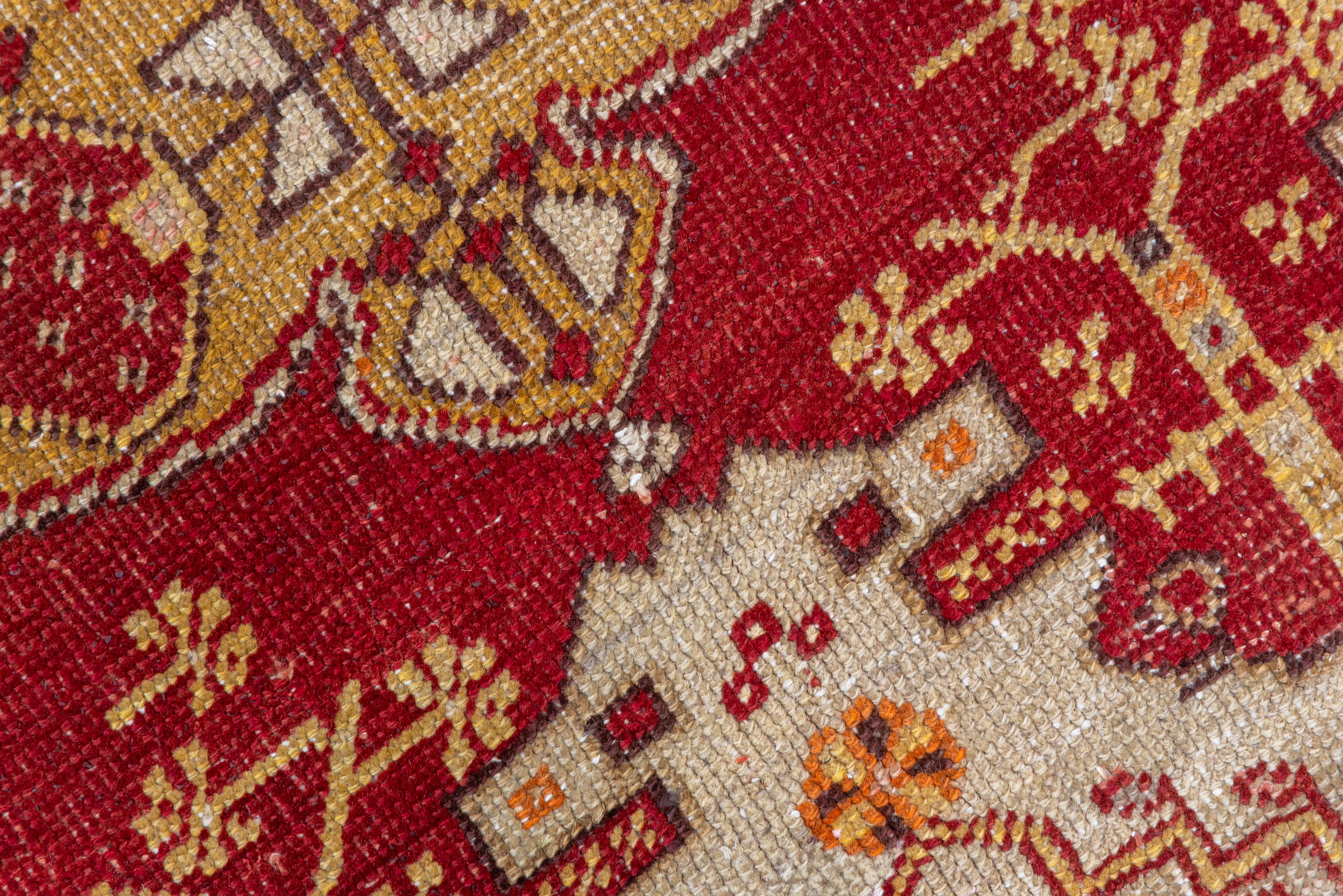 Wool Bright Colored Antique Turkish Oushak Scatter Rug, Red & Yellow Tones For Sale
